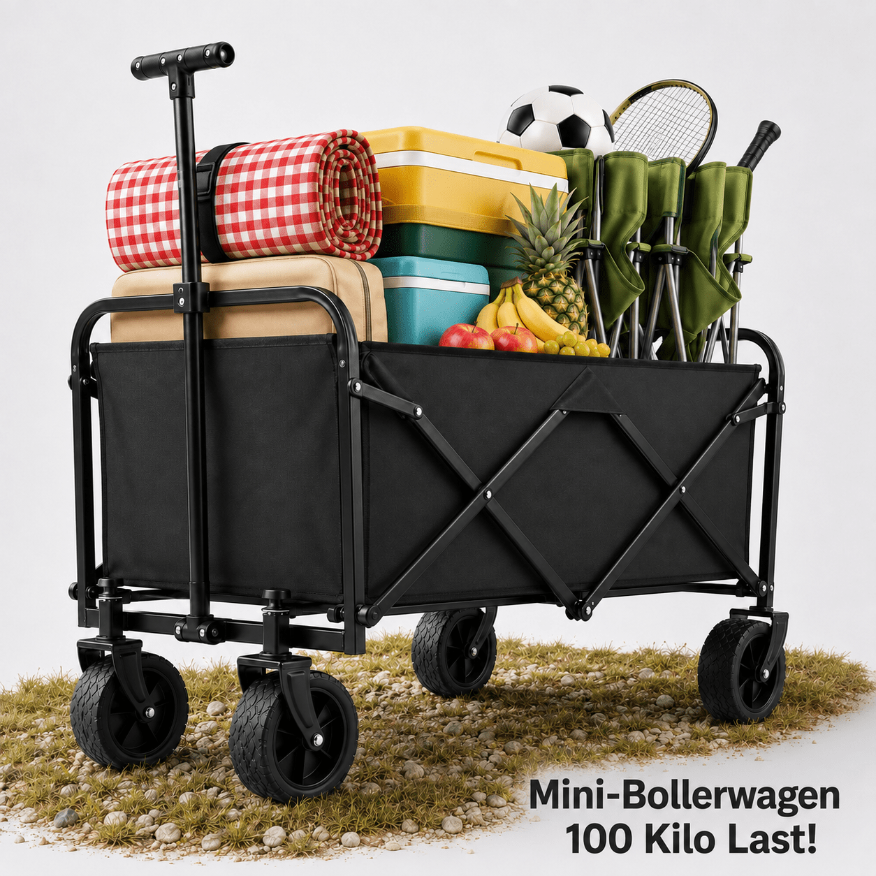 Image of Foldable Handcart, 100 Kg Load Capacity, Lightweight Transport Trolley With -terrain Wheels, Telescopic Handle, For Camping, Picnic, Garden, And Shopping