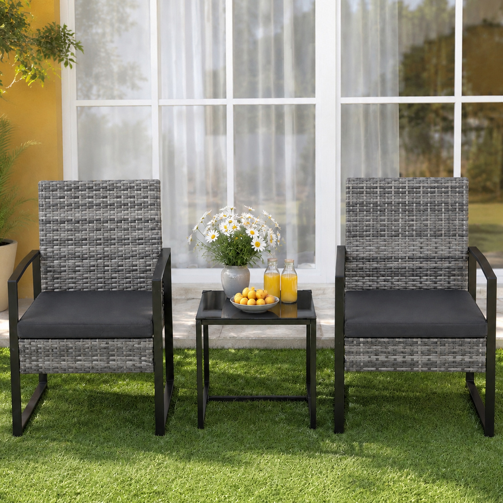 TEMU 3pcs Patio Pe Rattan Bistro Set, Outdoor Wicker Chairs With Removable & Machine Washable Cushions, Tempered Glass Table, Backyard Garden Porch