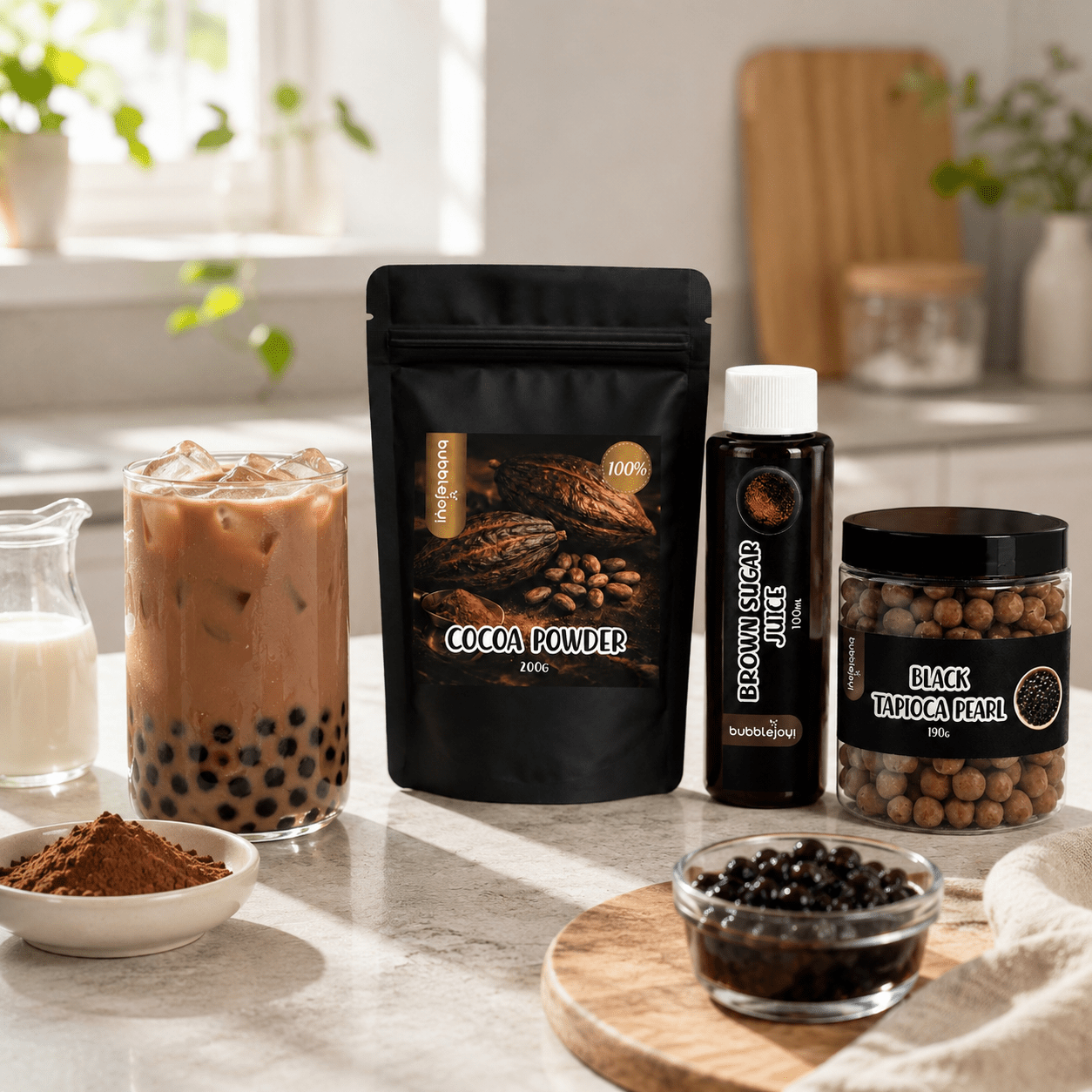 Image of Premium Chocolate Bubble Tea Kit - 100% Cocoa Powder, Brown Sugar Syrup & Black Tapioca Pearls Set