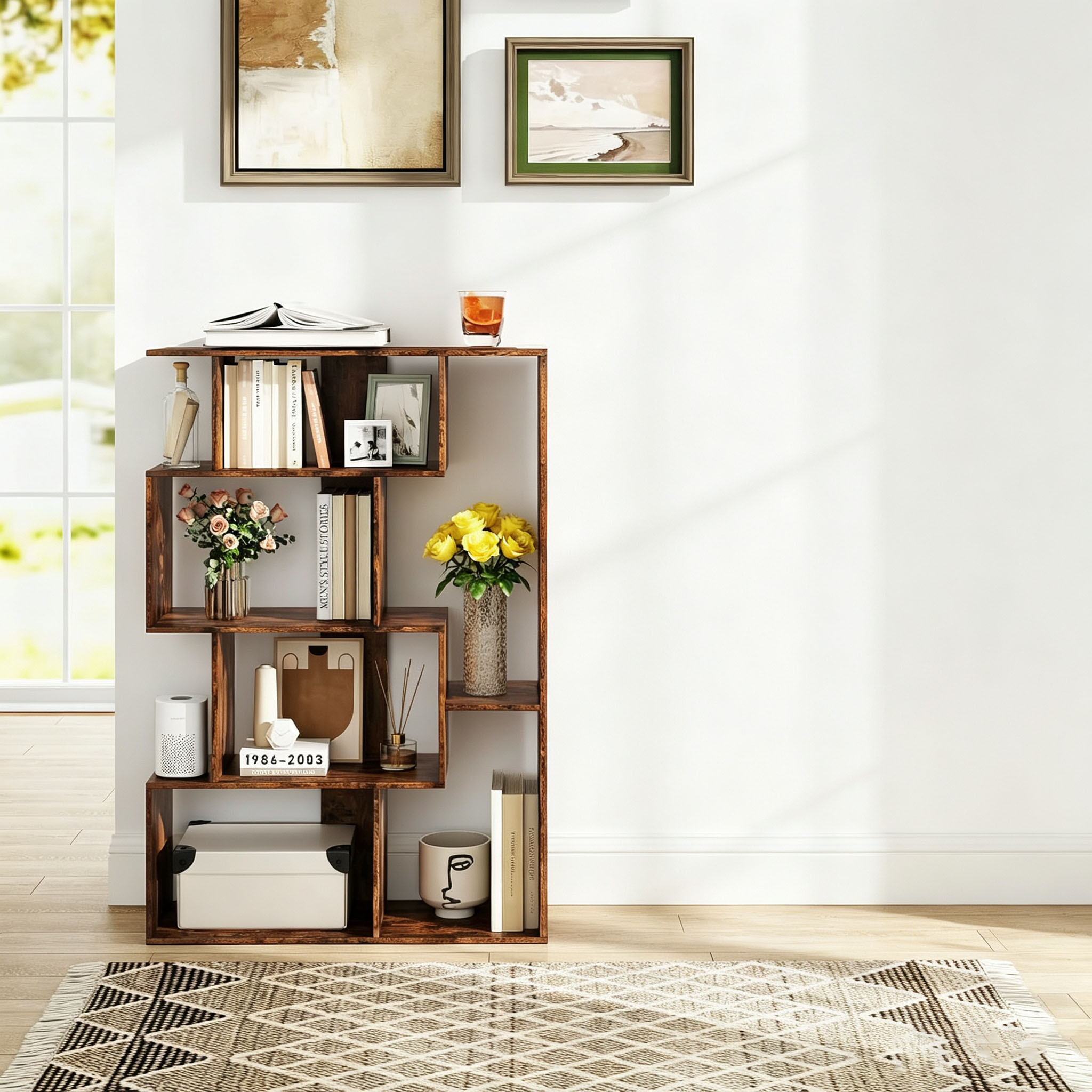 Library , Large Shelf With 6 Open Compartments, Geometric Floor Organizer, Office Storage Shelf