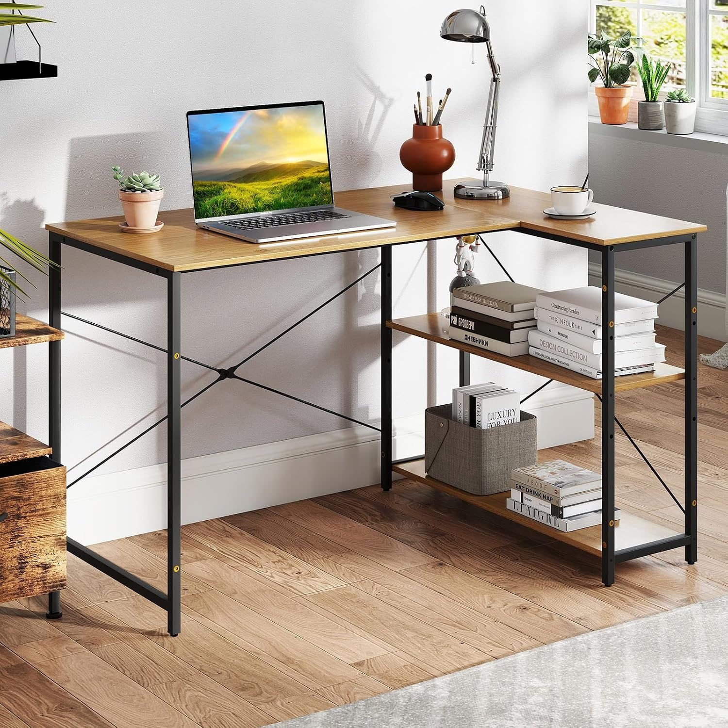 118 Cm L-shaped Computer Desk With Reversible Storage Shelves, With X-shaped Structure And Adjustable Shelf