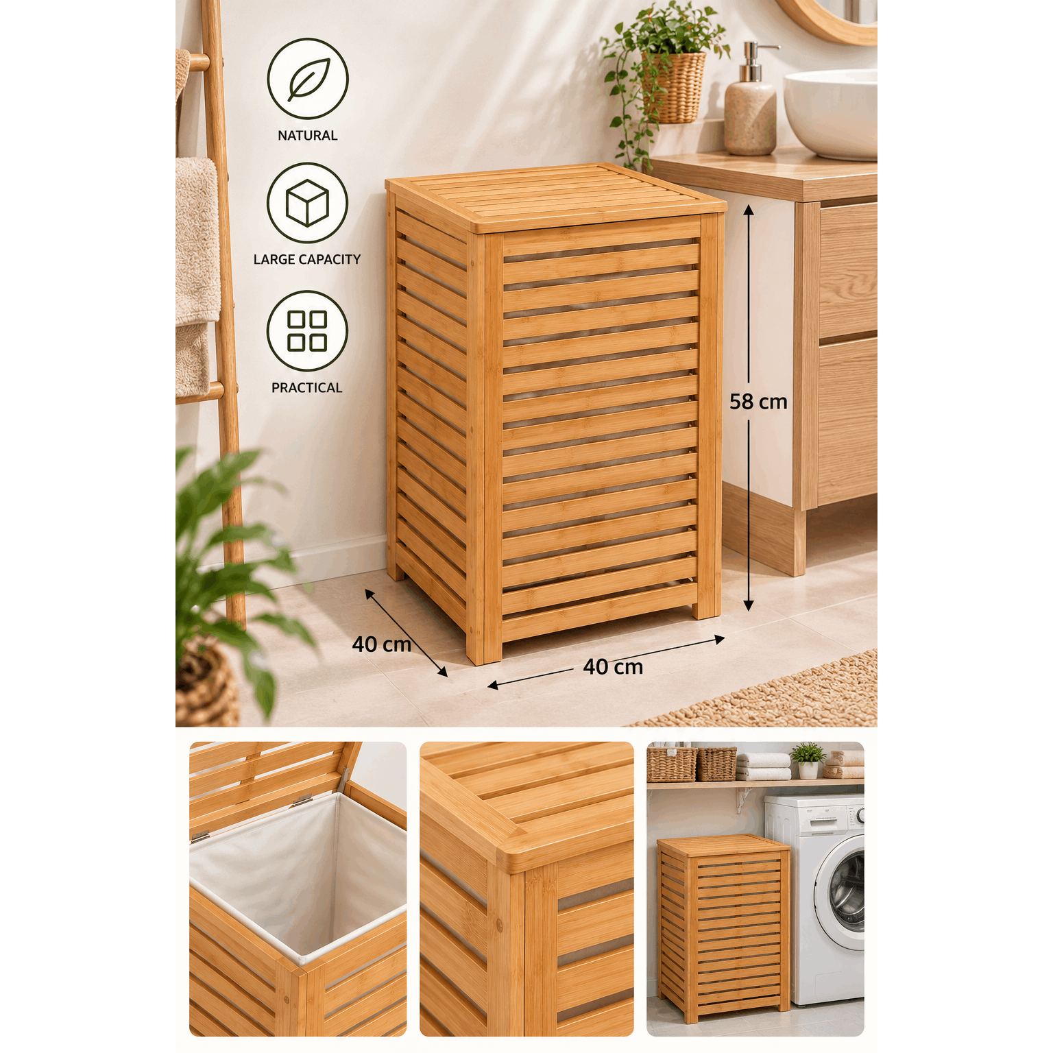 TEMU Panier à Linge 65 L en Bambou avec Couvercle – Coffre à Linge Rectangulaire 40 × 40 × 58 cm – Rangement pour Salle de Bain et Chambre