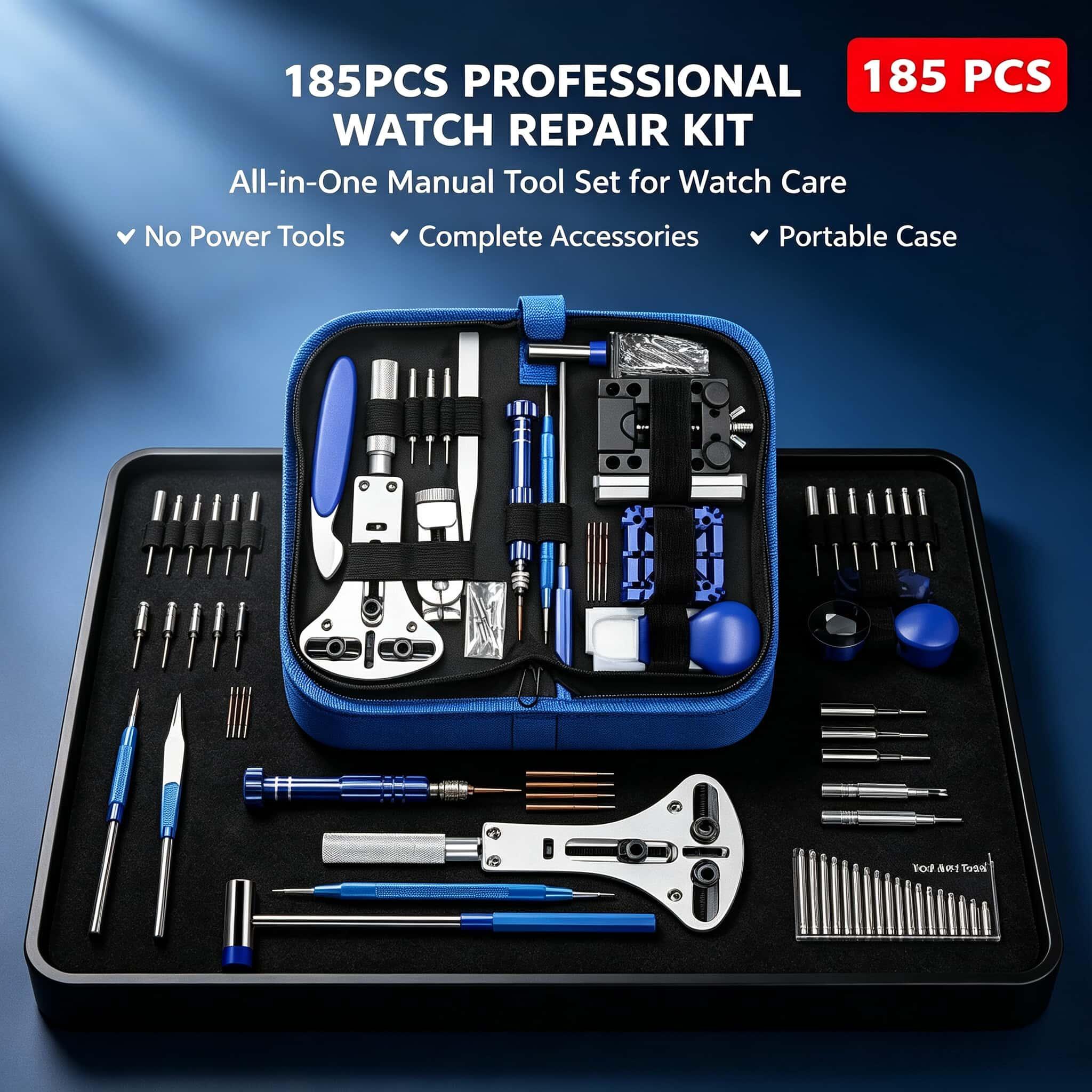 TEMU Kit de réparation de montre 185 pièces, ensemble d'outils manuels pour remplacement de pile, réglage de bracelet, ouverture de fond de boîtier,