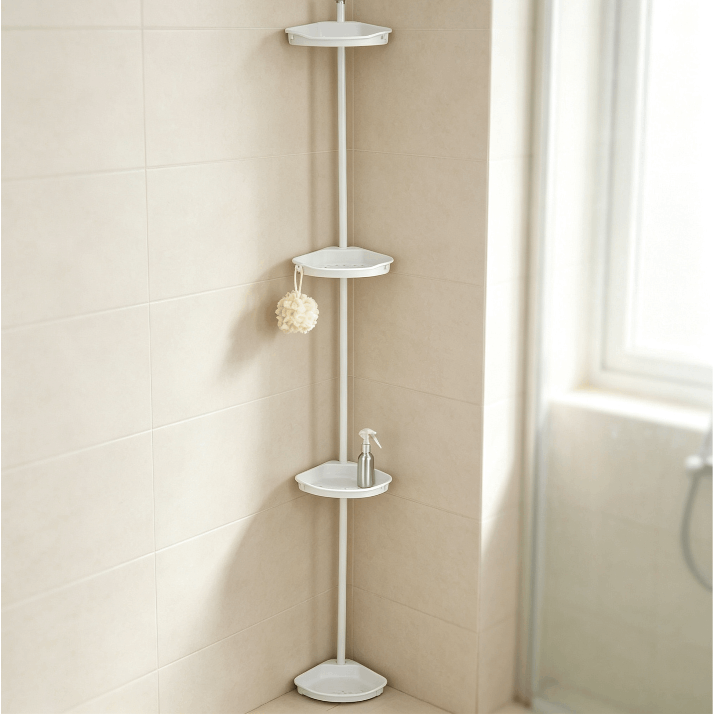 TEMU HOME Barra de Ducha Metálica Extensible 198-245 cm con 4 Estantes ( 25,5 x 17 cm ) - Su de barra vertical colocarla en de la ducha o en una