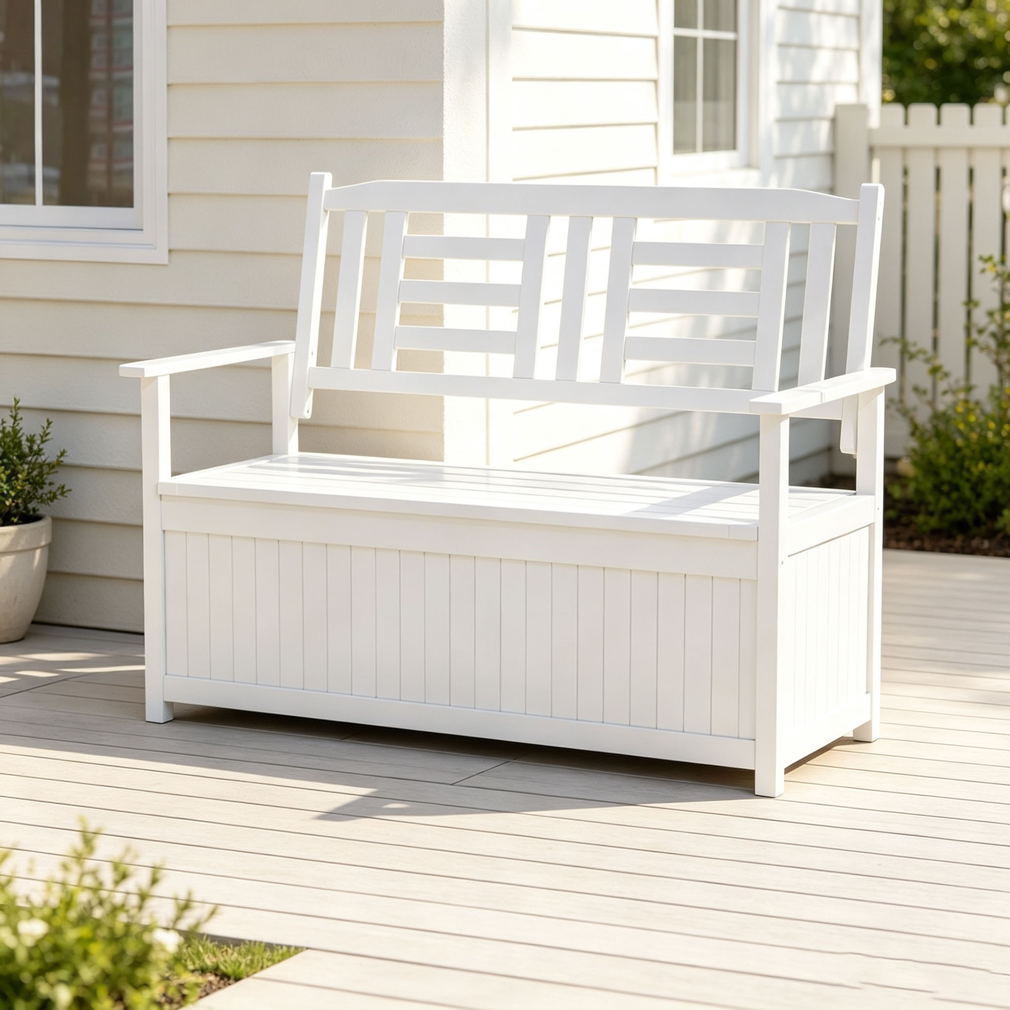 185 L Storage Bench, Outdoor Solid Wood Deck Box With Backrest, Slatted Seat And Armrests