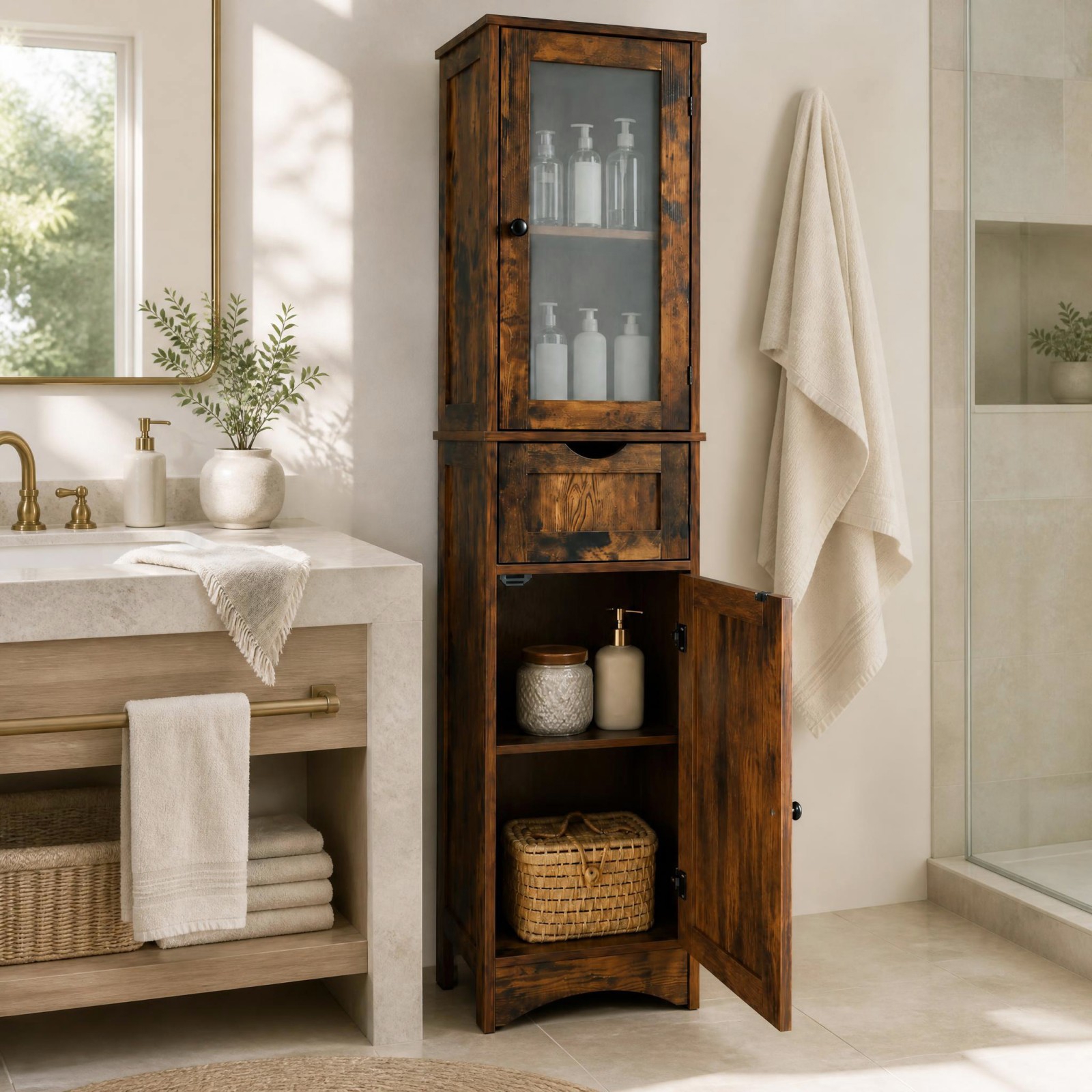 Image of Storage Cabinet With 2 Adjustable Shelves, Bathroom Cabinet With 2 Doors & Drawer, Narrow Tall Cabinet For Bathroom & Living Room