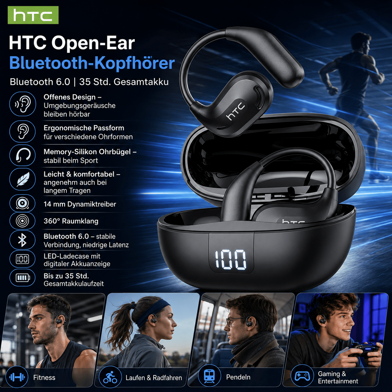 Htc Ne47 Ai Translation Headphones Real-time Translation Headphones Ows Open-ear Wireless Headphones, Latest Bt V6.0, Noise Reduction Clear Call, 6.5 Hours Long , Large Speaker Large Volume