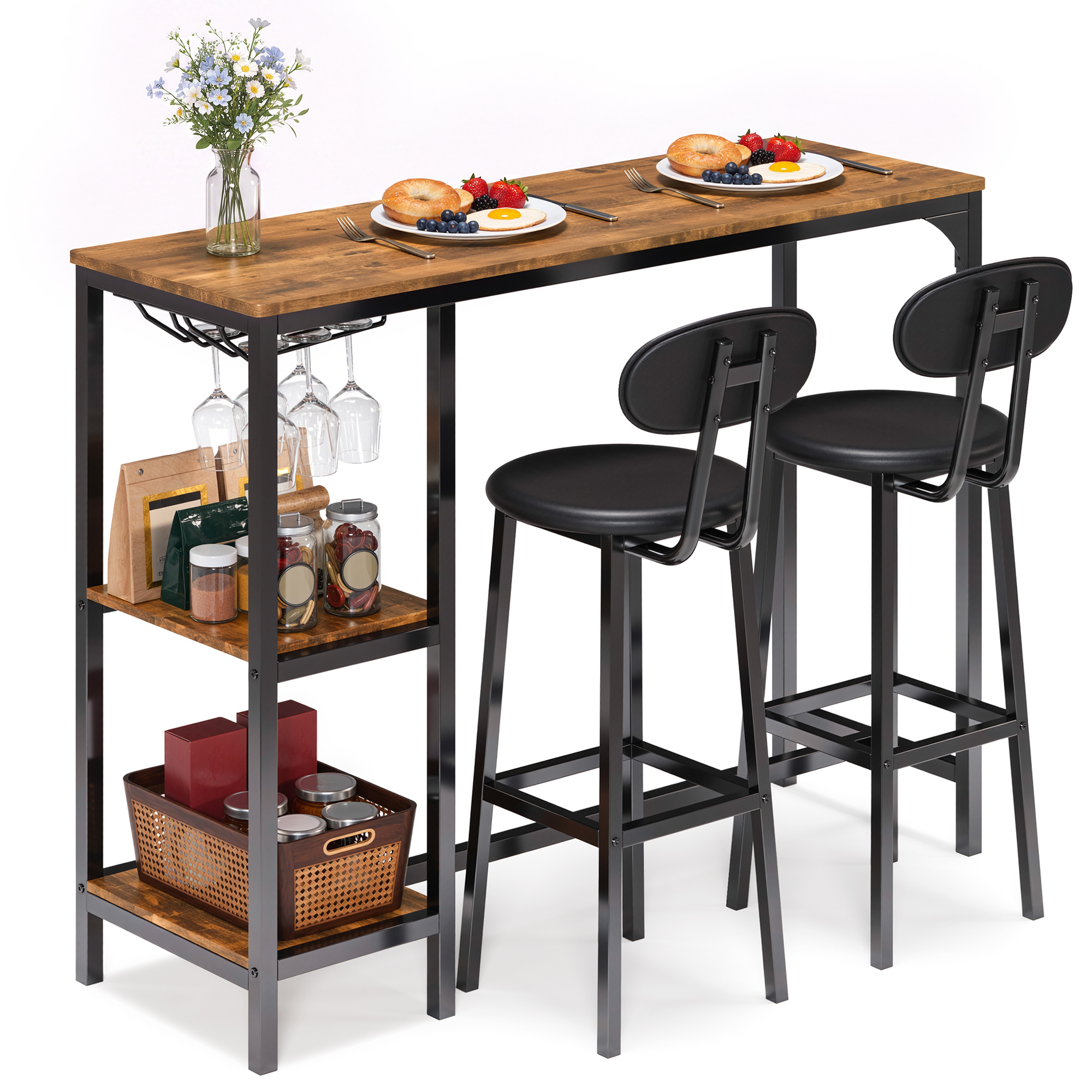 Image of Bar Table Set With 2 Bar Stools | Incl. Shelf & Glass Holder | Padded Seats With Backrest | Metal + Mdf | Black / Retro Style