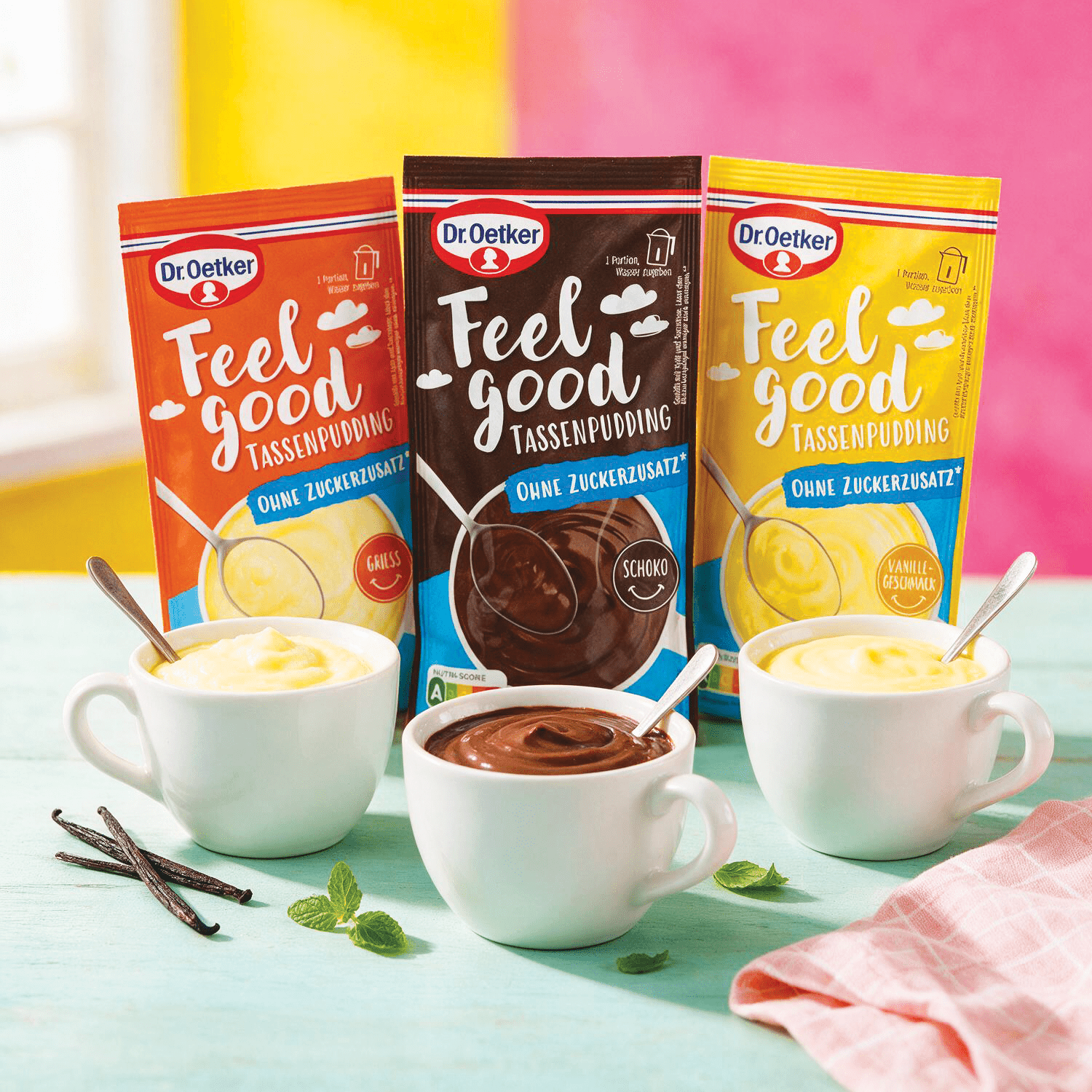 Image of 3rd Mix Pack - Dr. Oetker Feel Good Cup Pudding 1x Chocolate + 1x Vanilla + 1x Semolina - Without Added Sugar 3x62g