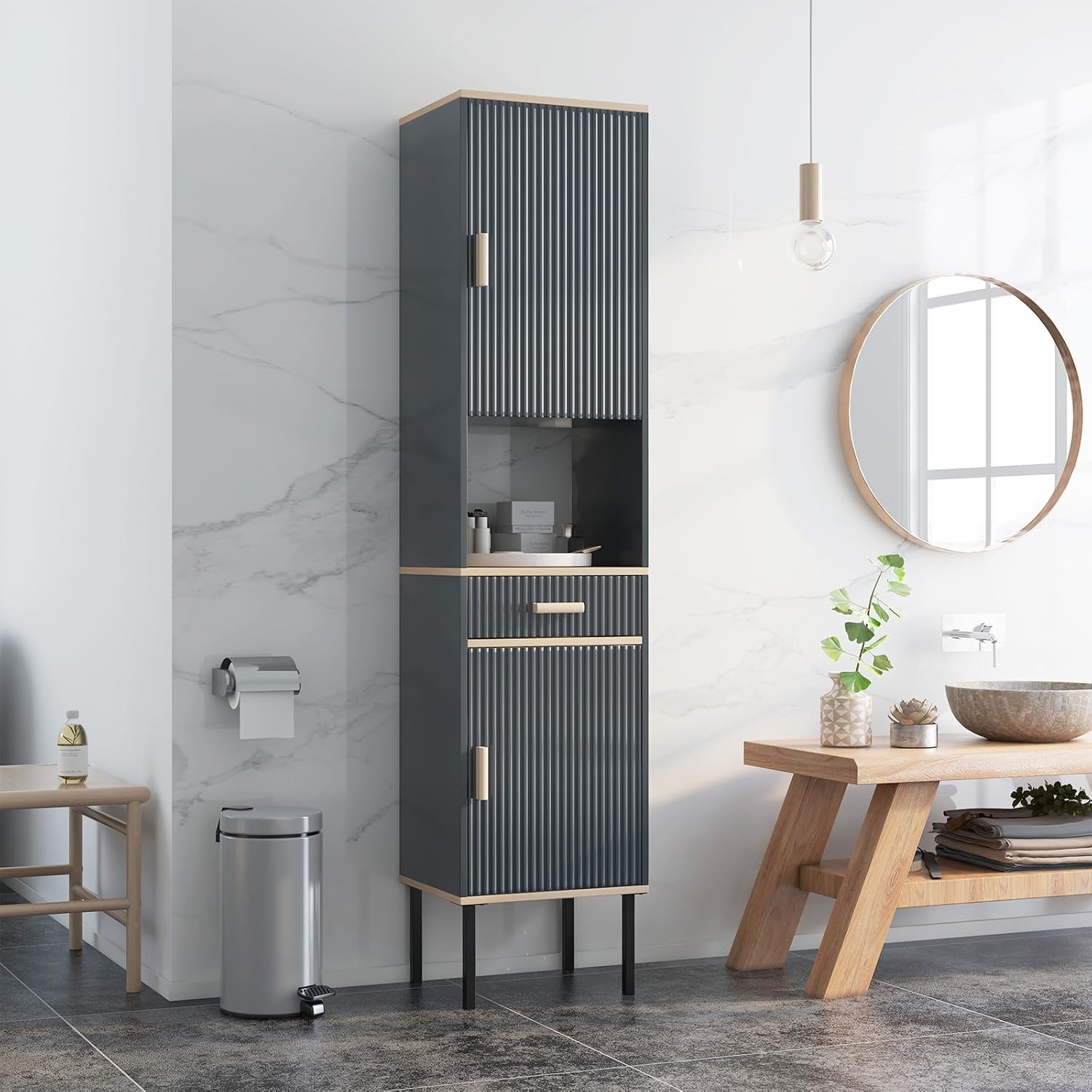 Image of Wooden Floor Cabinet With Adjustable Shelves, Adjustable Feet, And Anti-tip Protection; For Living Room And Bathroom