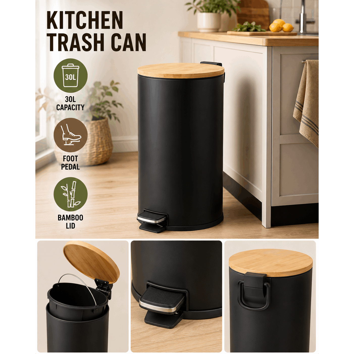 Image of 30l Metal Black Kitchen Trash Can With Bamboo Lid, Pedal Opening, Removable Bucket And Rear Handle