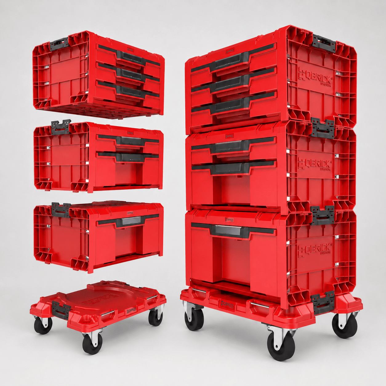 Toolboxes On A Platform, Workshop Cabinet, Qbrick Drawer Workshop Set 6 2.0 Red, Toolbox On Wheels, Sturdy, With The To Connect Toolboxes