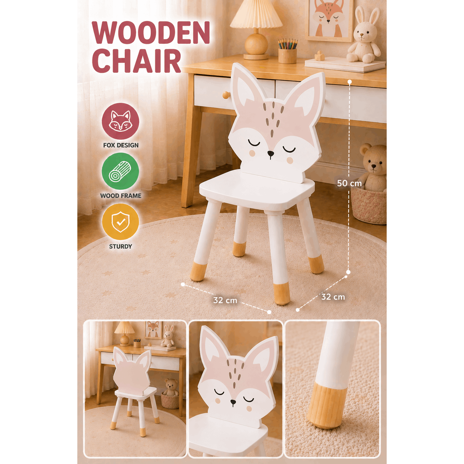 TEMU Chaise Blanche en Bois Motif Renard – Petite Chaise Décorative avec Animal, Naturel – 31 x 32 x 50 cm