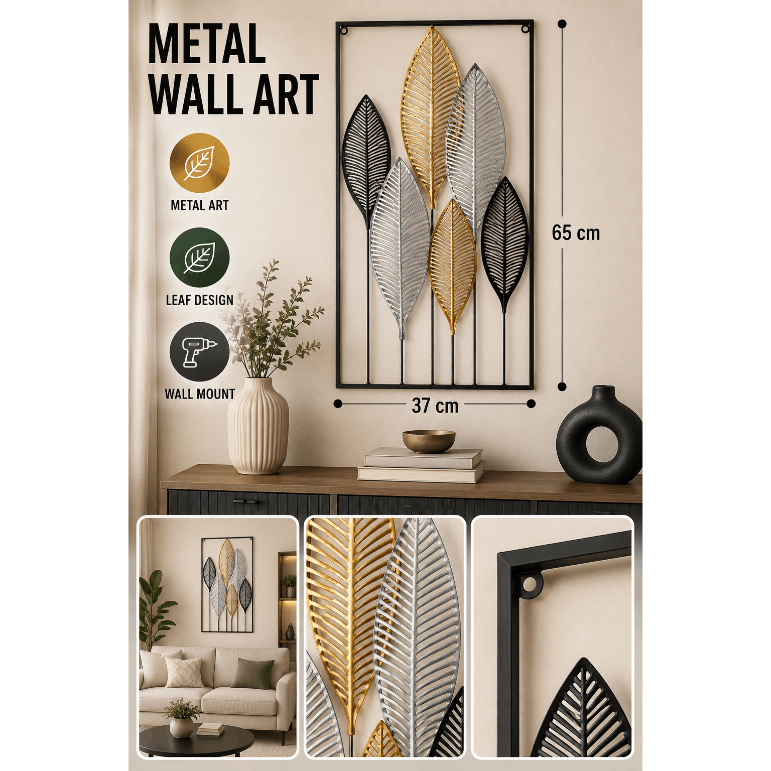 Image of Metal Leaf Wall Art 37 × 65 Cm – Black, Gold, And Silver Botanical Wall Decor, Modern Wall Art For Living Room, Bedroom, And Entryway