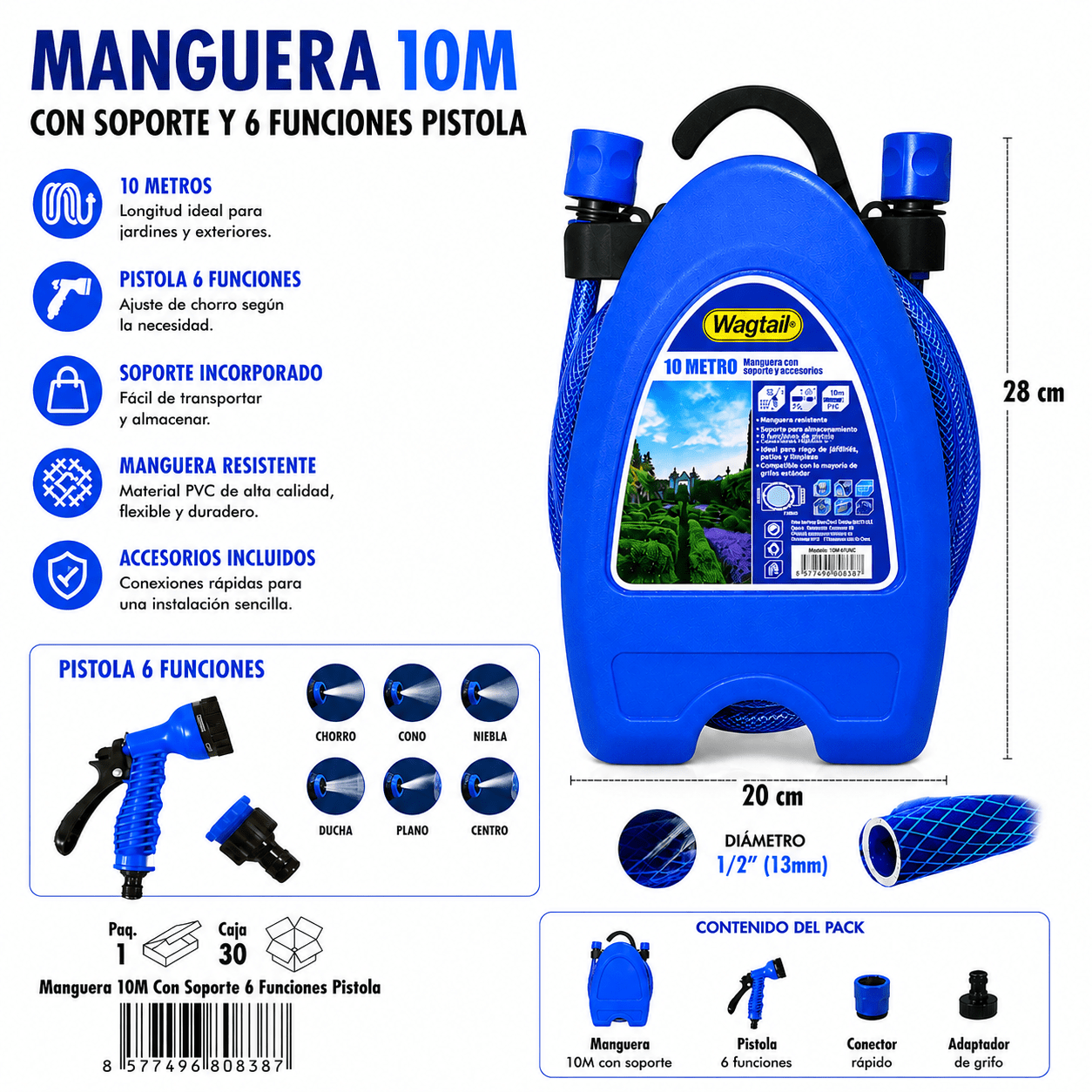 TEMU Manguera de Jardín 10 Metros con Soporte, Pistola de Riego de 6 Funciones, Manguera PVC Reforzada 1/2" (13 mm), Kit Completo con Conectores para
