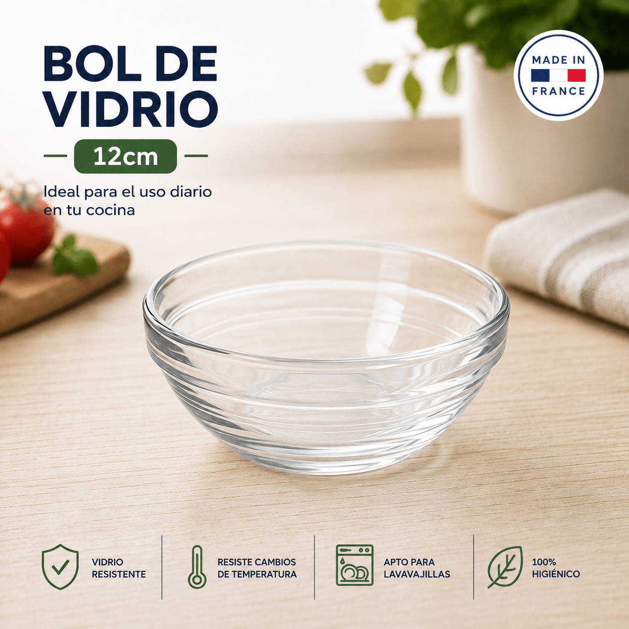 TEMU Bol de Vidrio 12 cm Resistente | Cuenco de Cristal para Cocina, Aperitivos, Postres y Ensaladas | para Lavavajillas | en Francia