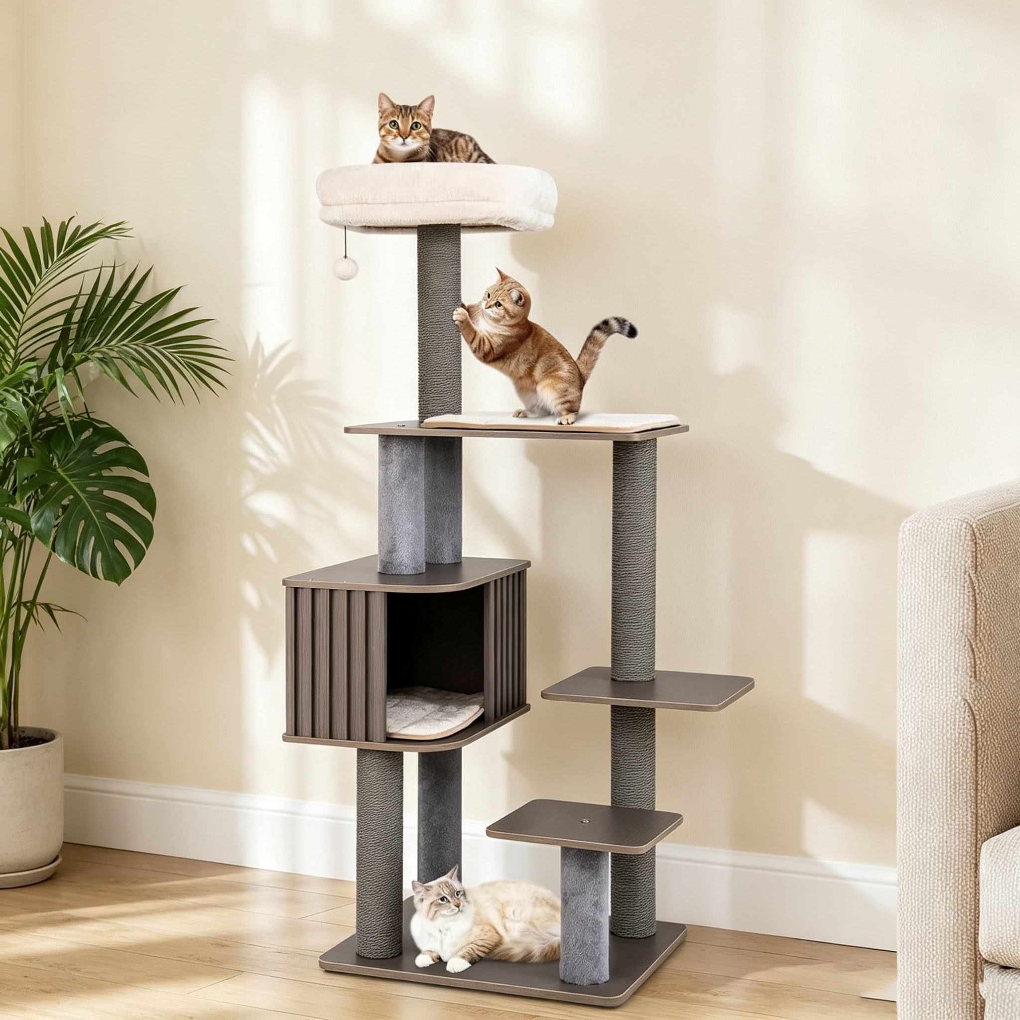 151 Cm Multi Level Cat Tree, Cat Climbing Tree With Padded , Condo, Scratching Posts, Removable Cushions