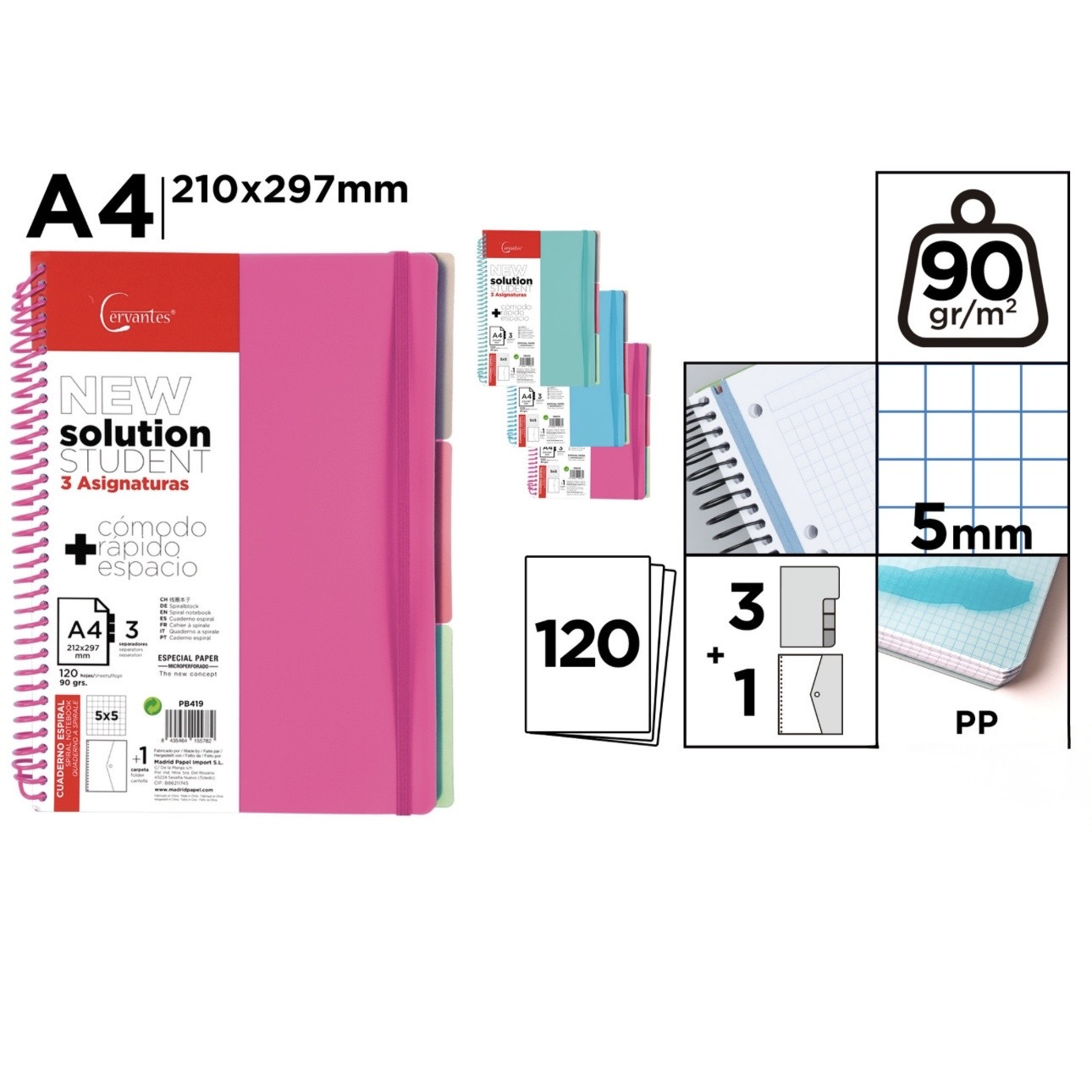 TEMU Cuaderno A4 210 x 297 mm, 120 Hojas, Cuadrícula de 5 mm, Cuaderno de 3 Asignaturas para , Instituto, Universidad, Estudio, Oficina y Apuntes