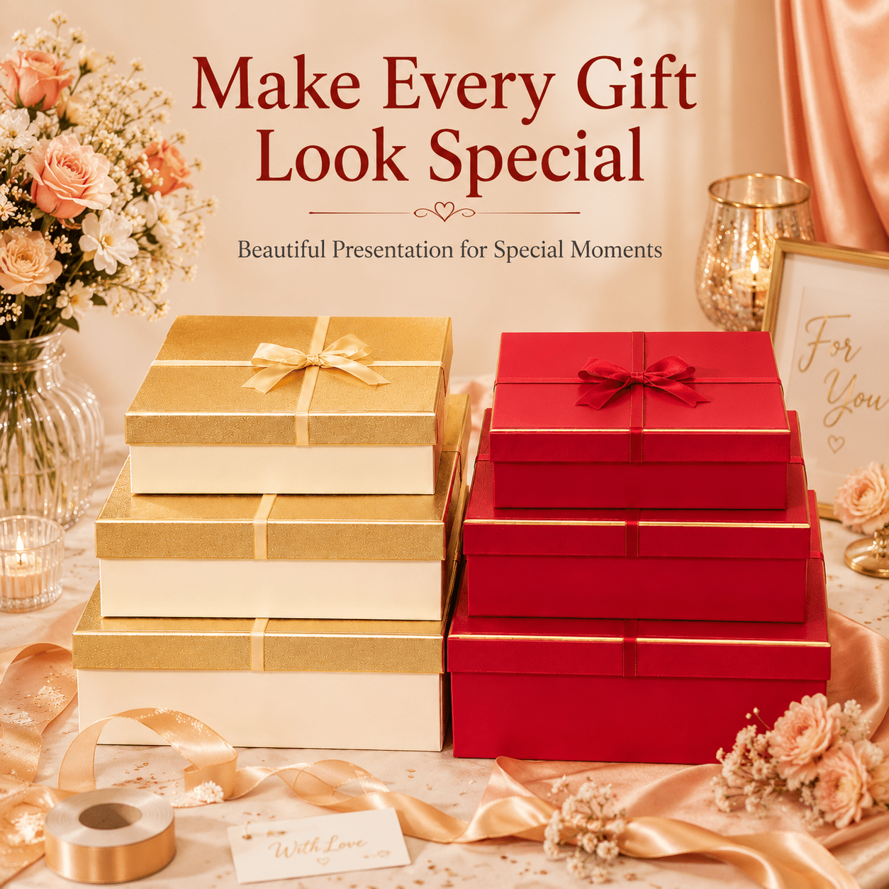 Nested Gift Boxes with Ribbon Bow, 3-Piece Stackable Set