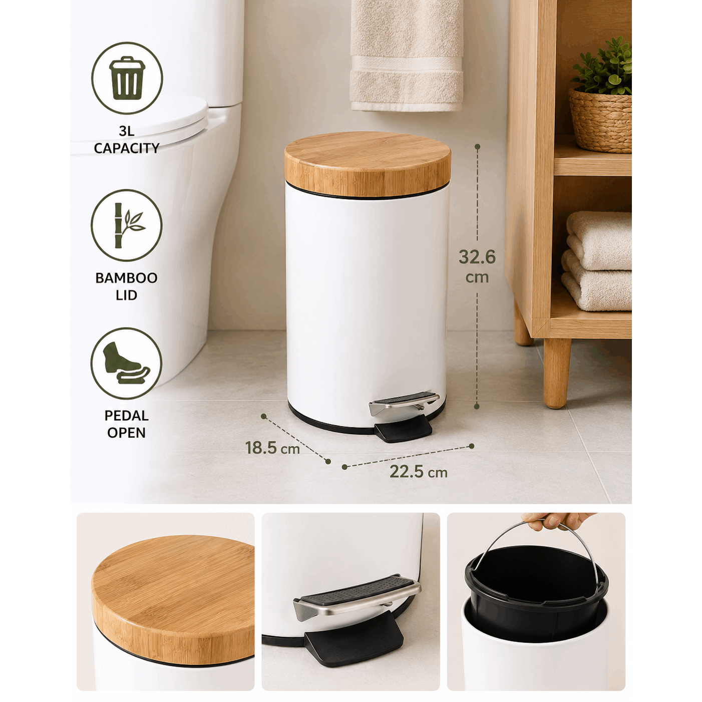 TEMU 3l White Bathroom Trash Can With Bamboo Lid – Compact And Lightweight Cylindrical Metal Pedal Bin