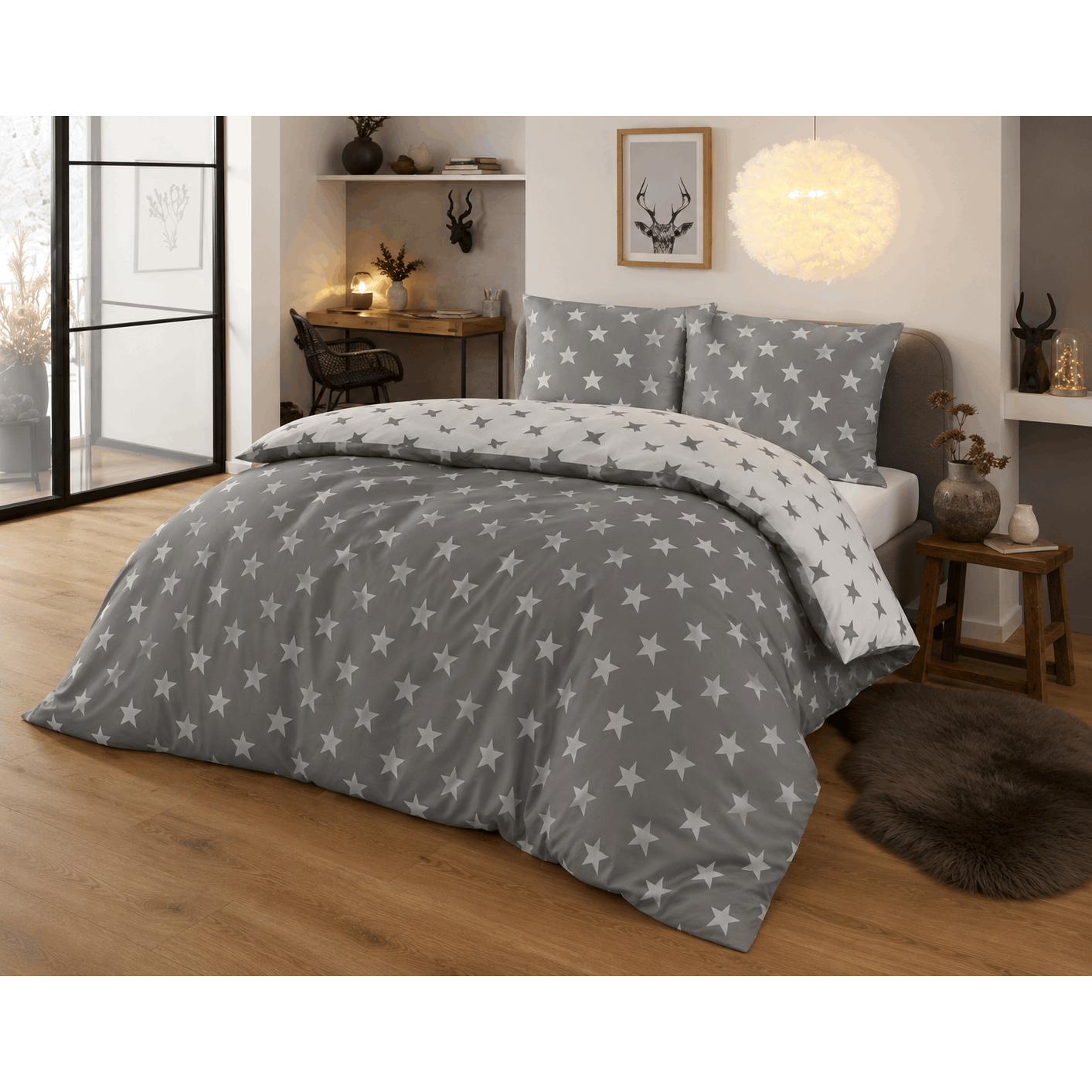 Image of 3-piece Bedding Set 200x200 Cm + 2x 80x80 Cm Grey Stars Reversible Bedding