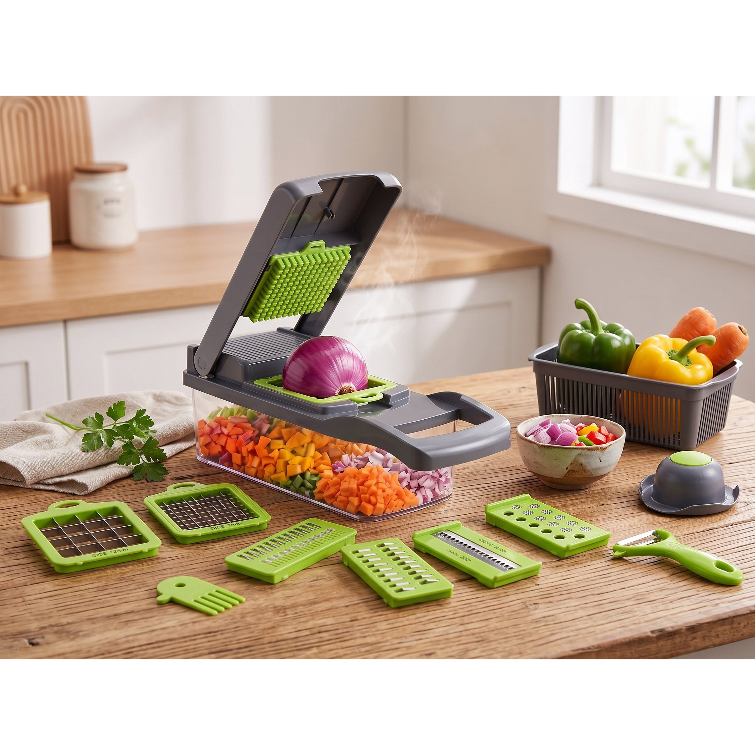 TEMU Tagliaverdure Manuale Multifunzione 12 in 1 con Contenitore | Affettatrice, Tritatutto, e Taglia per Verdure, Frutta, , Patate e Insalate