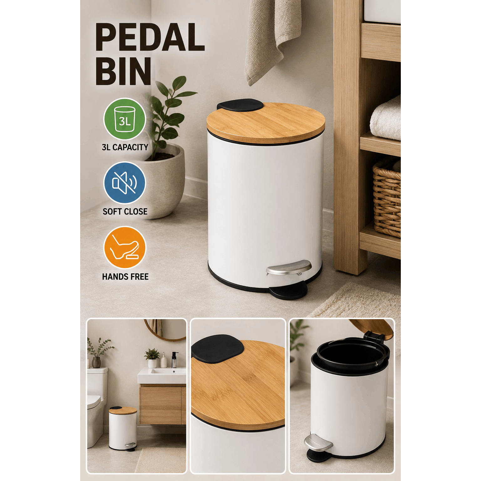 TEMU Poubelle de Salle de Bain 3 L avec Pédale – Poubelle Compacte en Métal Blanc, Couvercle Effet Bambou, Fermeture Silencieuse et Seau Amovible