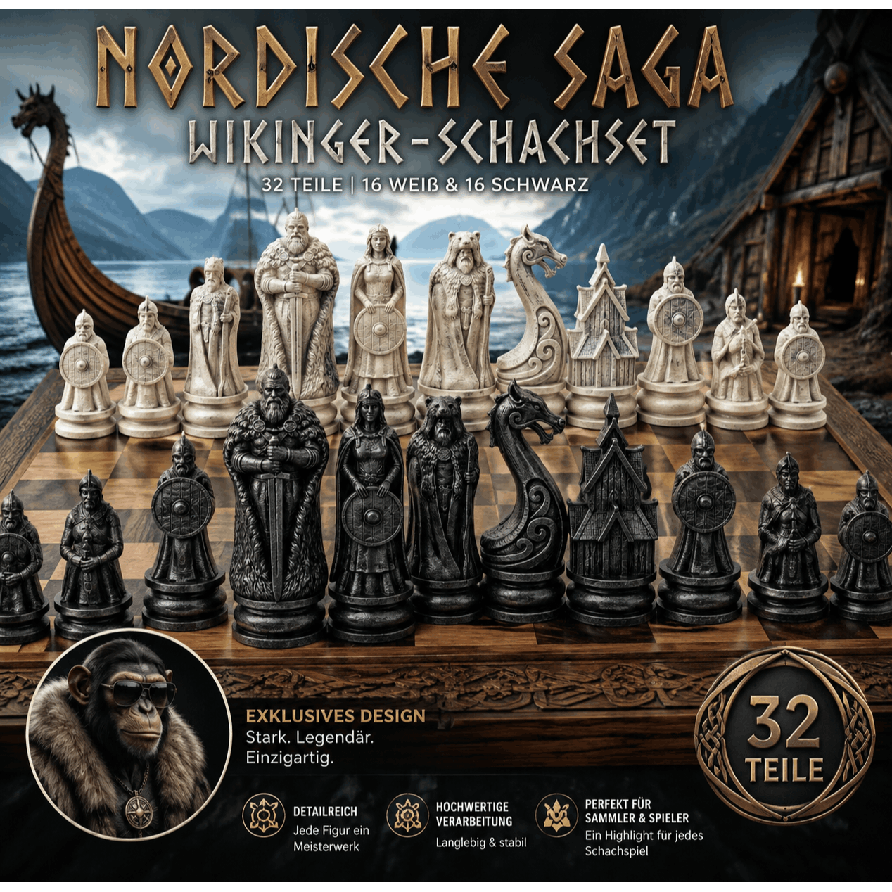 Image of Nordic Saga – 32-piece Viking Chess Piece Set | 16 Light & 16 Dark Pieces | Detailed Model