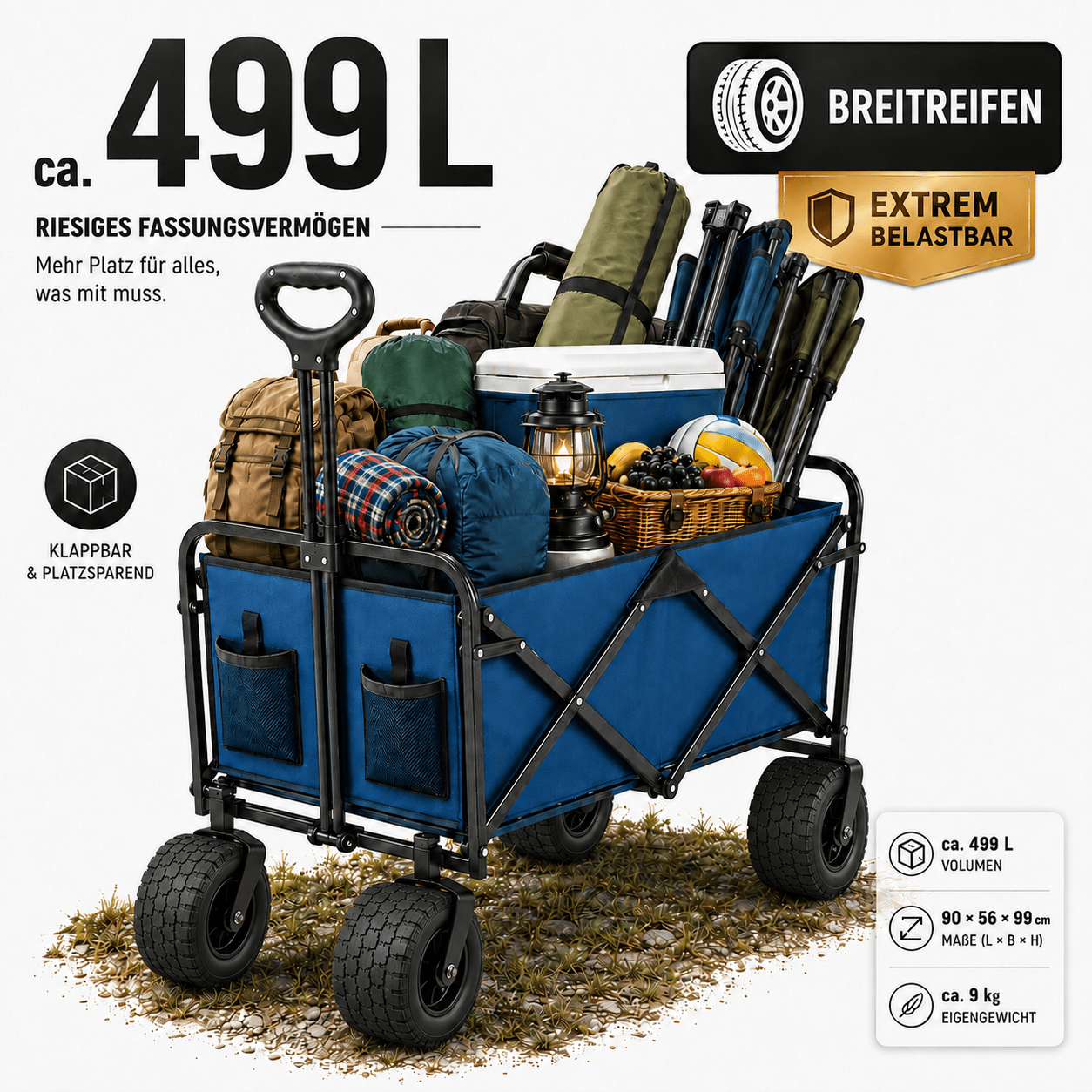 Image of Collapsible Xxl Tow Truck With Approximately 499l Capacity, 8 Wheels, Dual Tires, 2 Front Pockets, Telescoping Handle, And Foldable Rear Side.