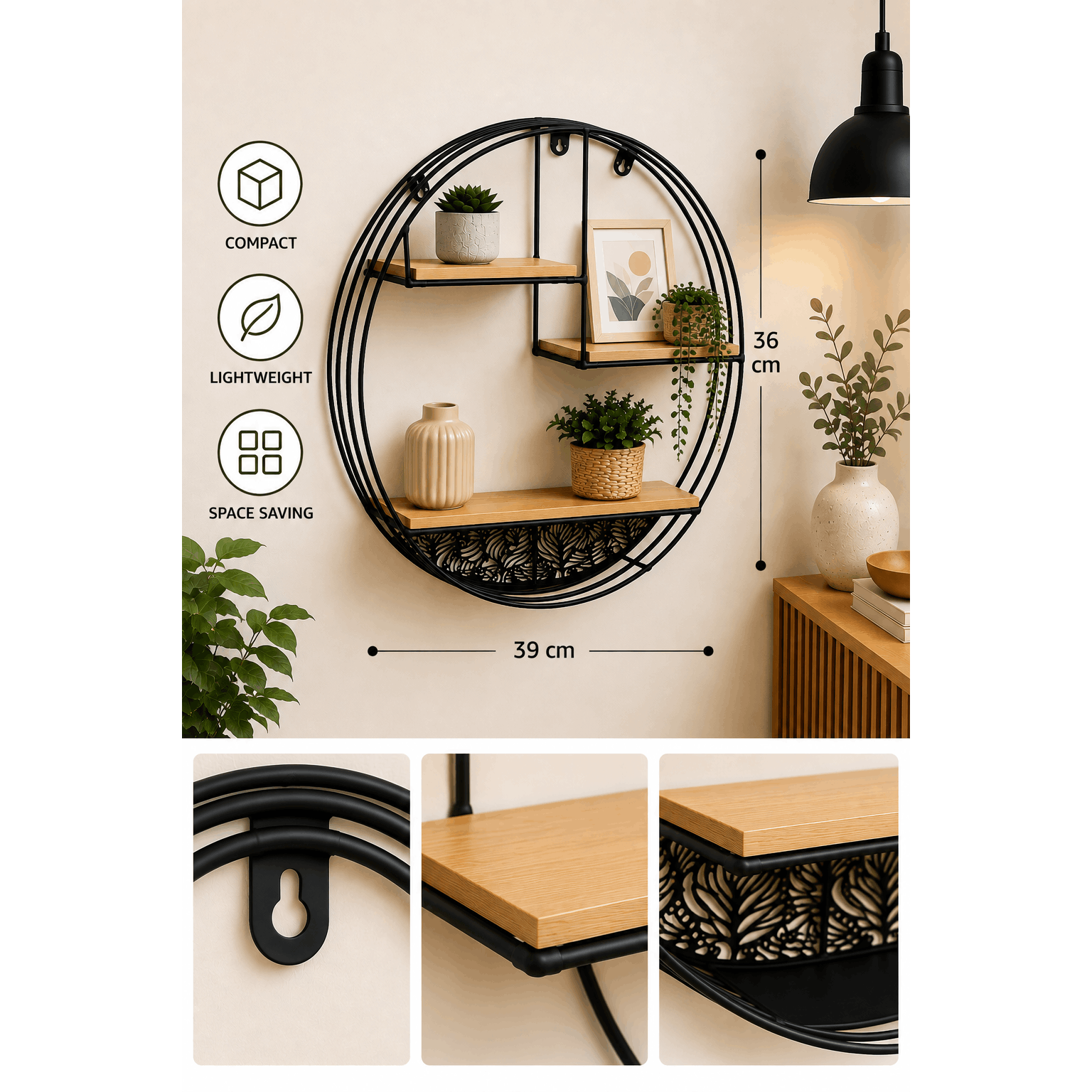 Wall-mounted -tier Shelf - Black Metal & Wooden Effect Boards - 39 × 36 × 10.3 Cm - Decorative Wall Storage For Kitchen, Living Room, Bedroom