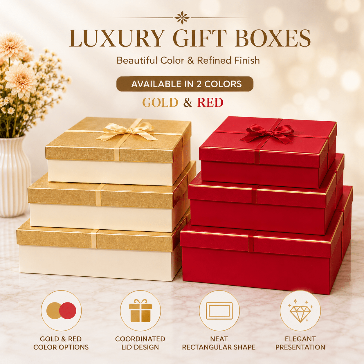 Nested Gift Boxes with Ribbon Bow, 3-Piece Stackable Set