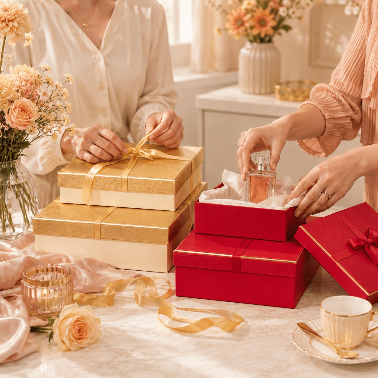 Nested Gift Boxes with Ribbon Bow, 3-Piece Stackable Set