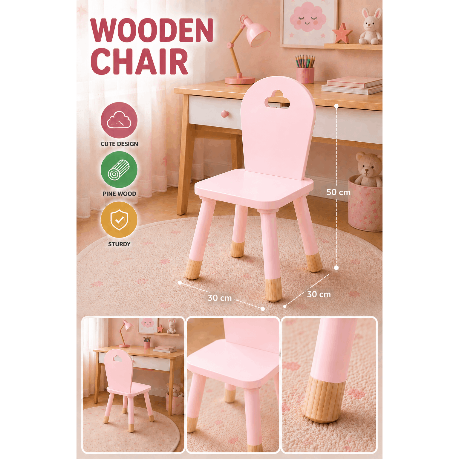 Pink Wooden Chair With Backrest – Small 4-legged Chair, 25.7 Cm High Seat – 1pc