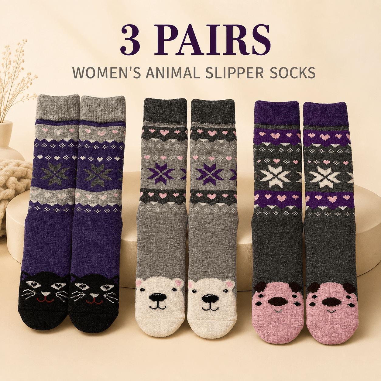 TEMU 3 Pairs Of Women's Animal Design Slipper Socks With Non-slip Grip Soles – Ladies' Warm Winter Socks
