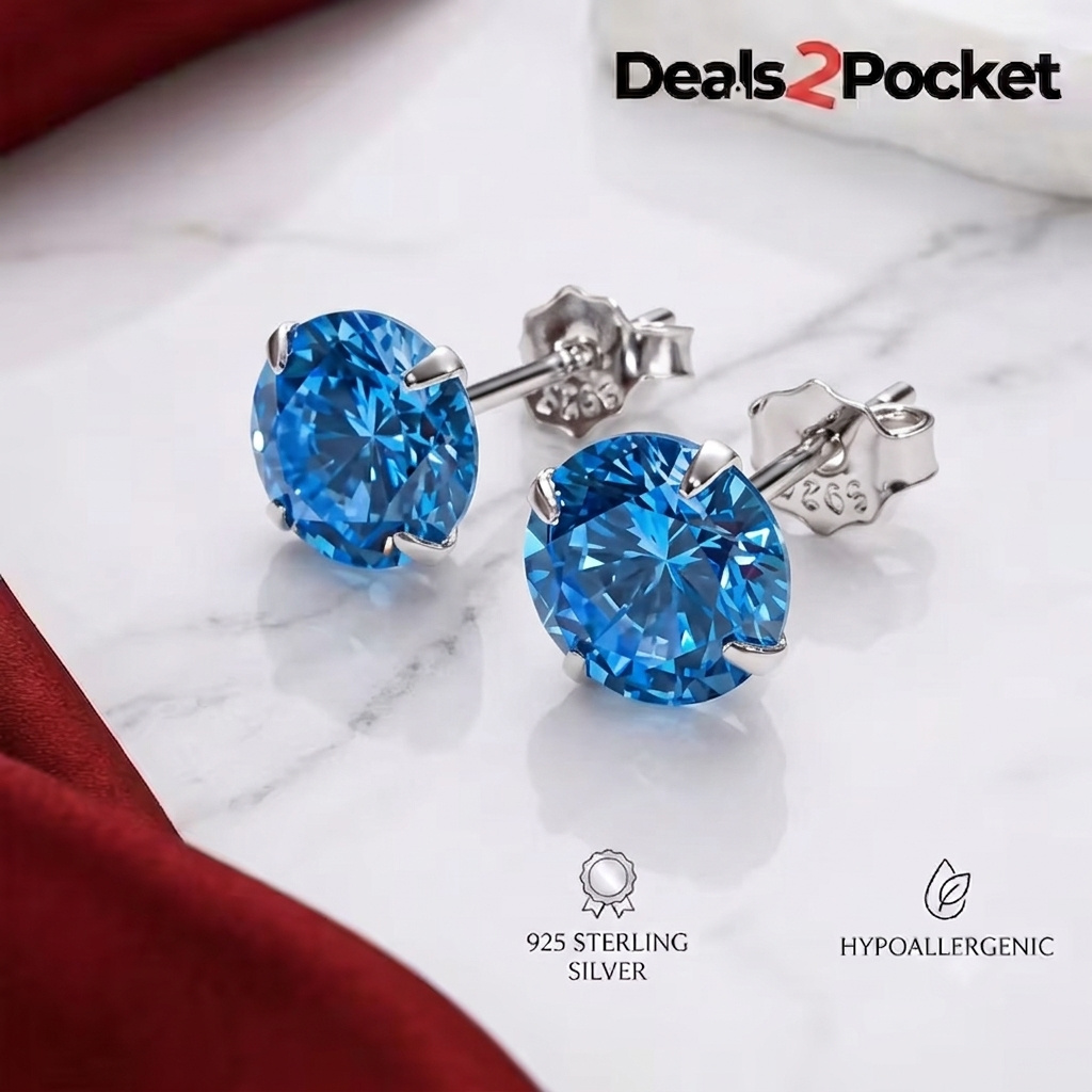 TEMU Luxury 925 Sterling Silver (6mm) Blue Zircon Stud Earrings – Cut Gemstone Wedding & Engagement Jewelry