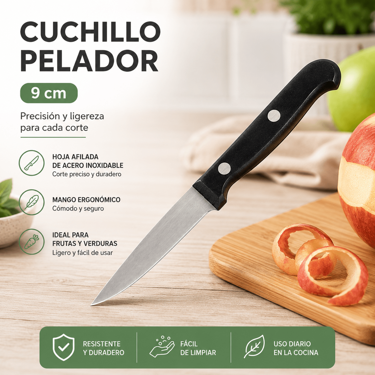 TEMU Pelador de Cocina 9 cm de Acero Inoxidable | Pelador Pequeño Afilado para Pelar y Cortar | Mango Ergonómico y Resistente