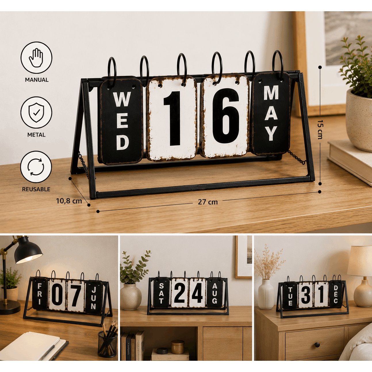Image of Perpetual Vintage Metal Calendar In Black And White – Reversible Tabletop Calendar With Plates – 27 × 15 Cm – Retro Decoration For Office And Home