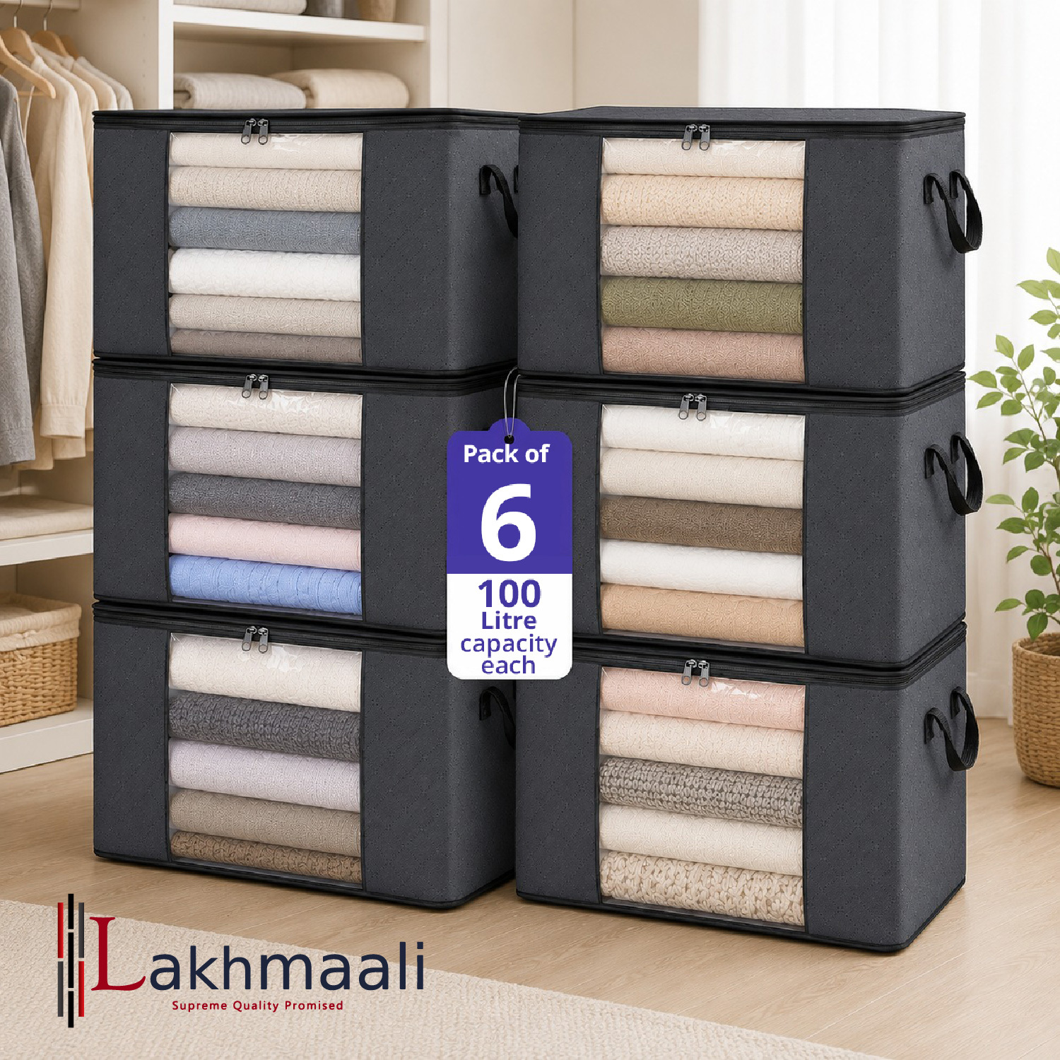 TEMU Lakhmaali Grey 100 Litre Large Storage Bags 6 Pack With Reinforced Handles & Strong Zipper, Foldable Clothes Storage Organiser For Bedding And
