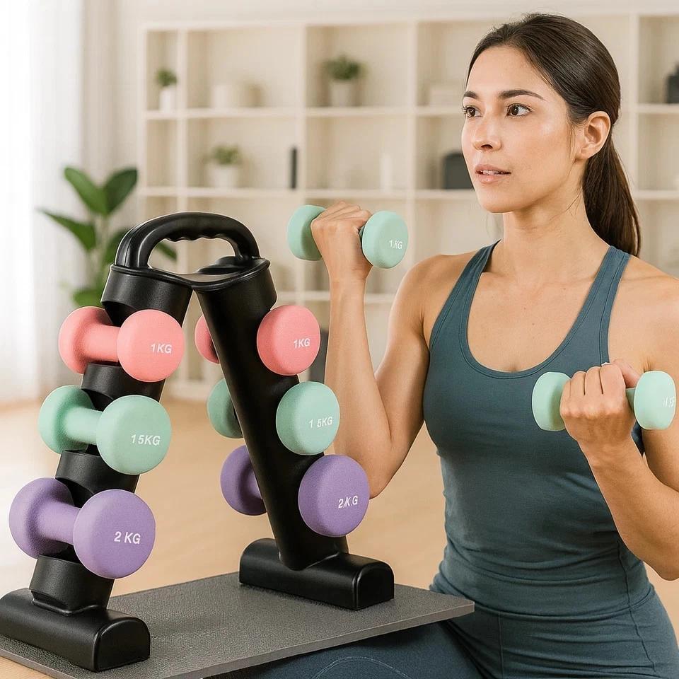 9kg Neoprene Hex Dumbbell Set with Carry Stand, 3 Pairs
