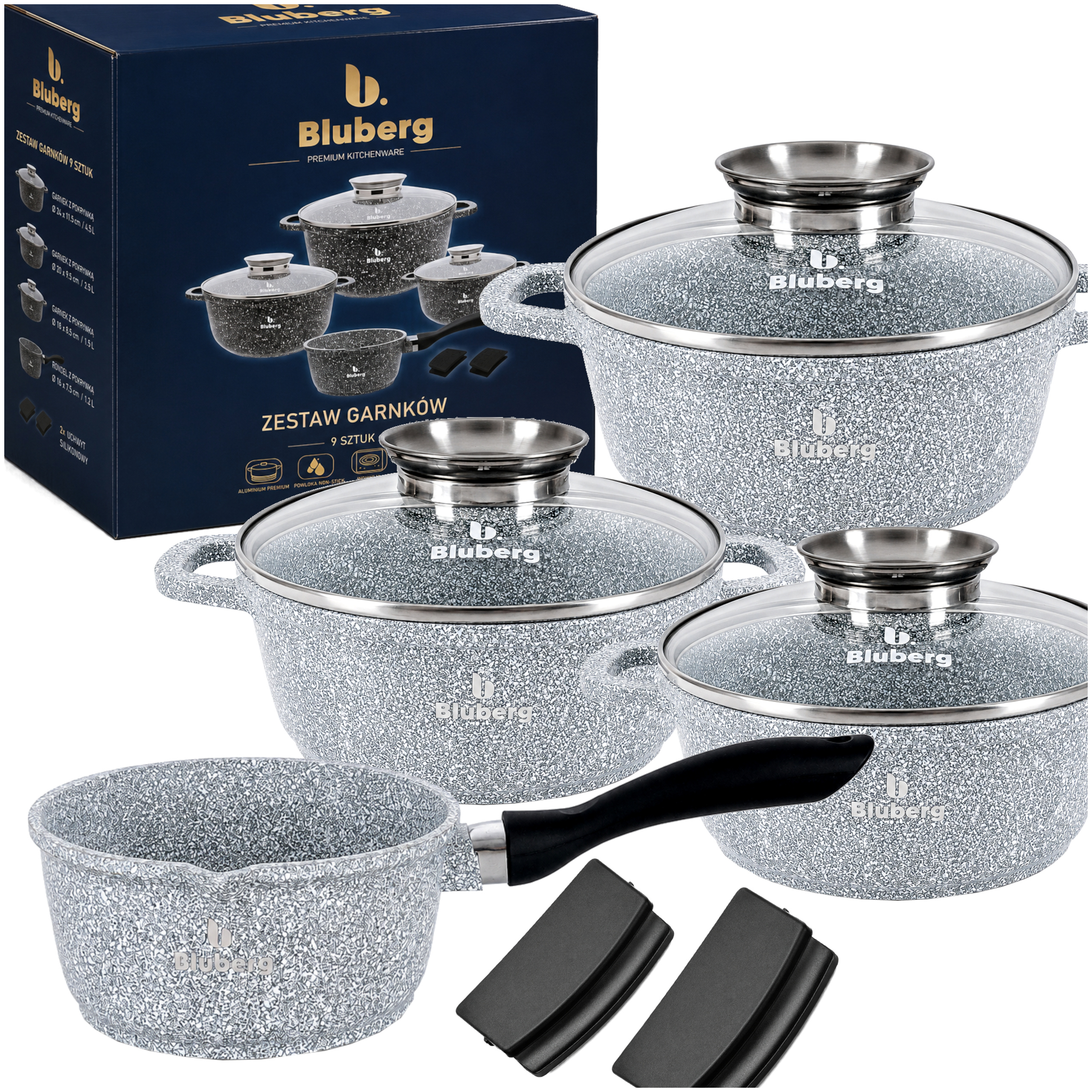 Image of Set Of 9 Marble Kitchen Pots | Cooking Pot Set | Induction Ready Round Bottom | Kitchen Pot | Dishwasher Safe | Marble Coating | Lids | Gift Pot Set | Bb-2910