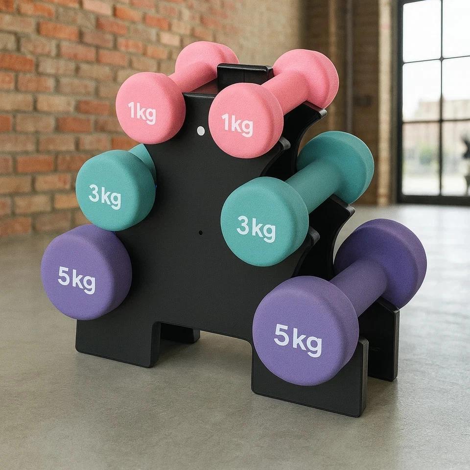 9kg Neoprene Hex Dumbbell Set with Carry Stand, 3 Pairs
