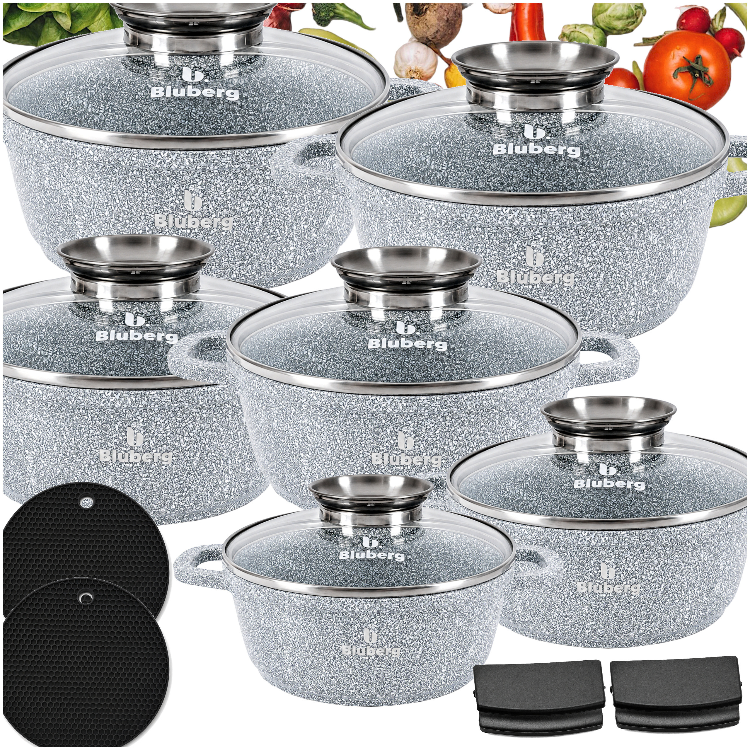 Image of Marble Kitchen Pot Set 16pcs. | Pots Ø16 Ø20 Ø20 Ø22 Ø24 Ø28 | Cooking Pot Set | Pots | For Induction | For Gas | Kitchen Pot | Marble Coating | Lids | Pots Ideal As A Gift | Bb-2913