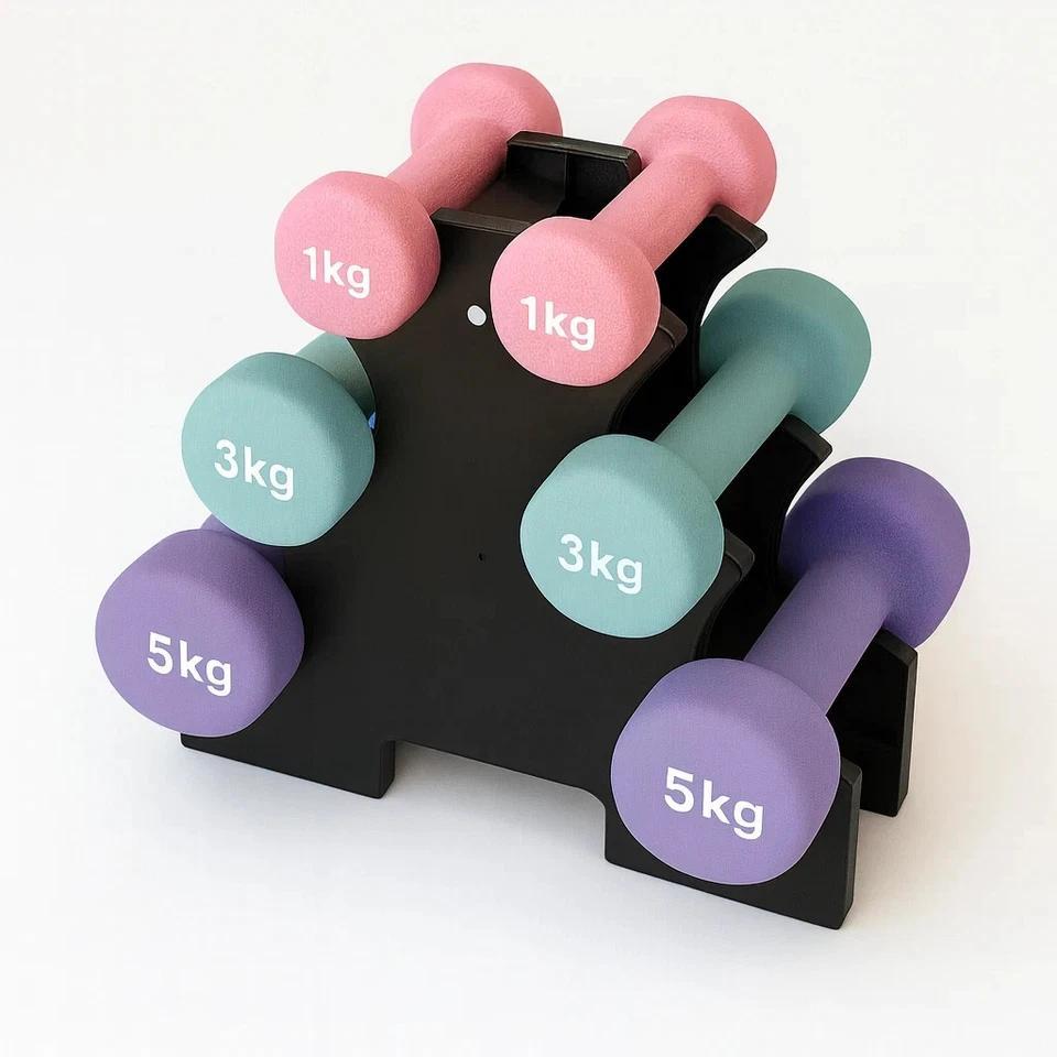 9kg Neoprene Hex Dumbbell Set with Carry Stand, 3 Pairs