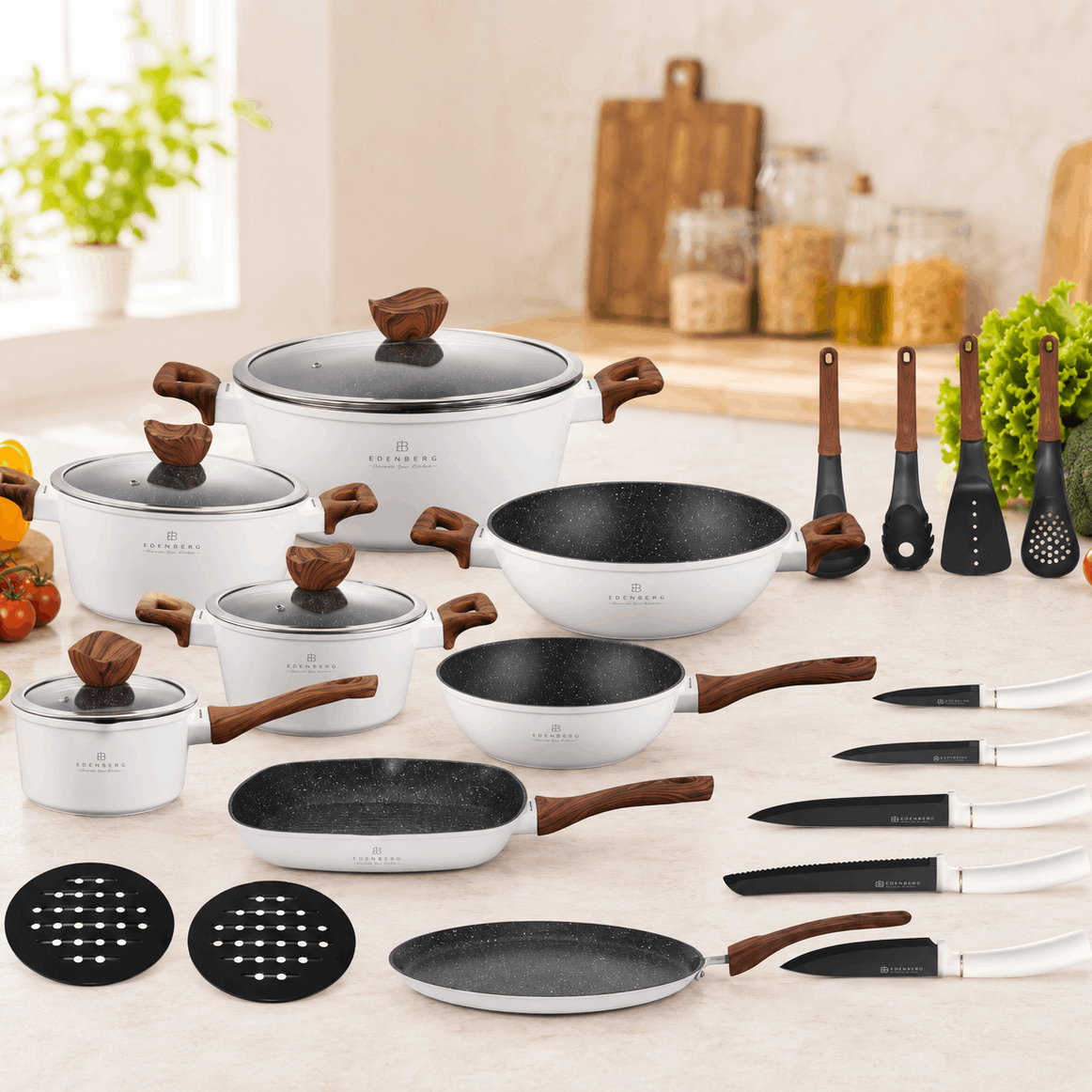 Image of Edenberg 23-piece Cookware Set, White Pots, Pot With Lid, Pans, Kitchen Utensils, Multi-piece Set, For Induction Cooktops, With Lid, For All Stovetypes Eb5603