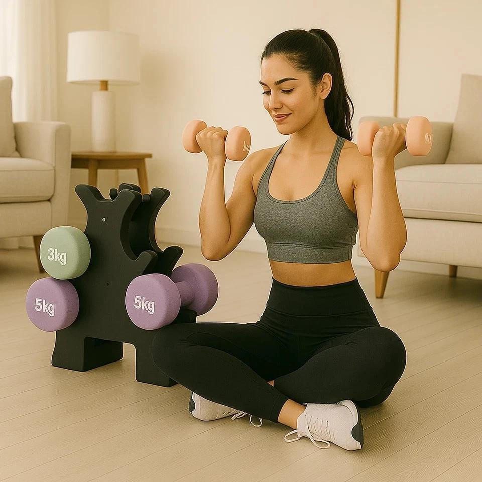 9kg Neoprene Hex Dumbbell Set with Carry Stand, 3 Pairs
