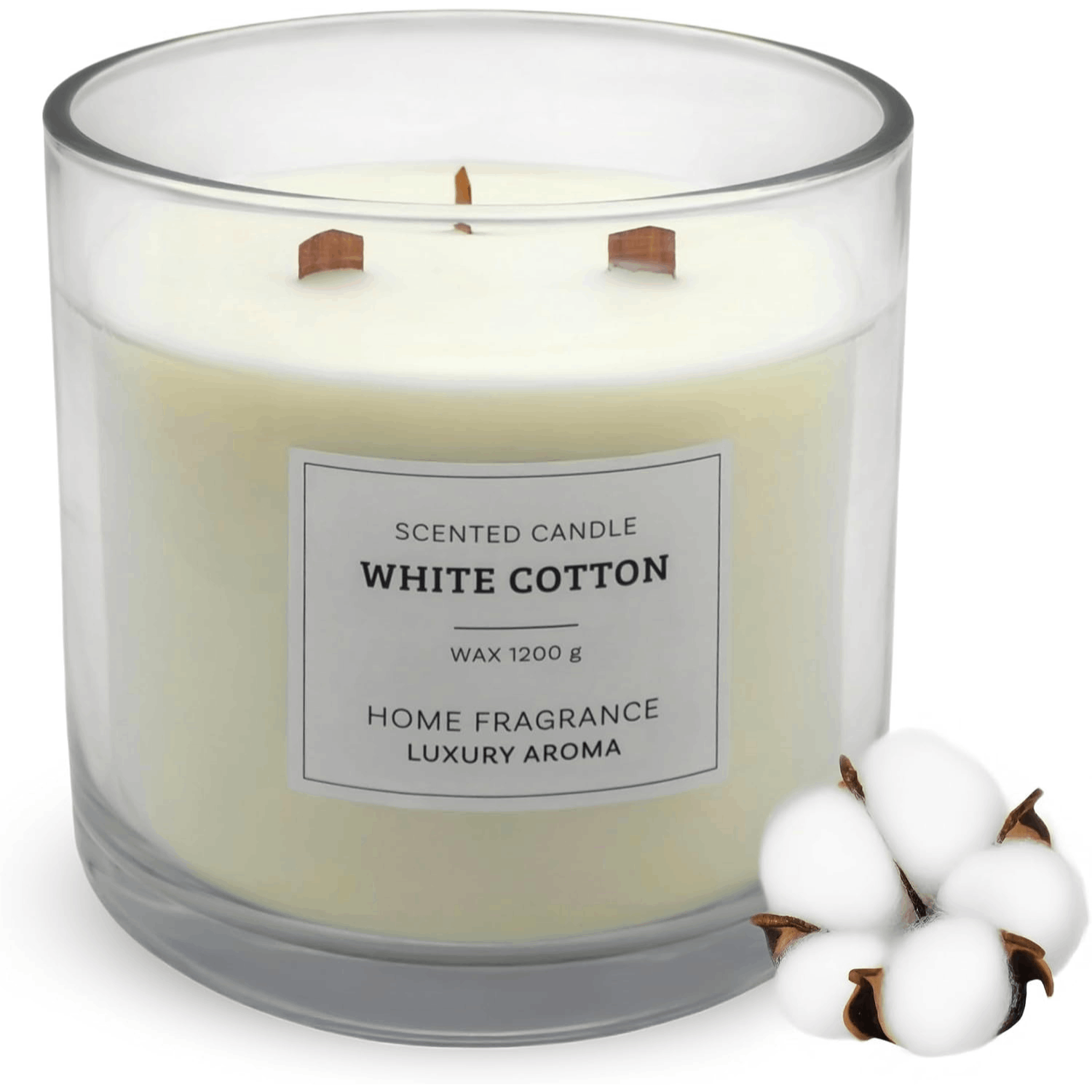 Image of Xl Scented Candle In Glass 13 X 10 Cm White Cotton Scent | Wooden Crackle Wick, Wax, 50 Hour , Cotton Scented Candle