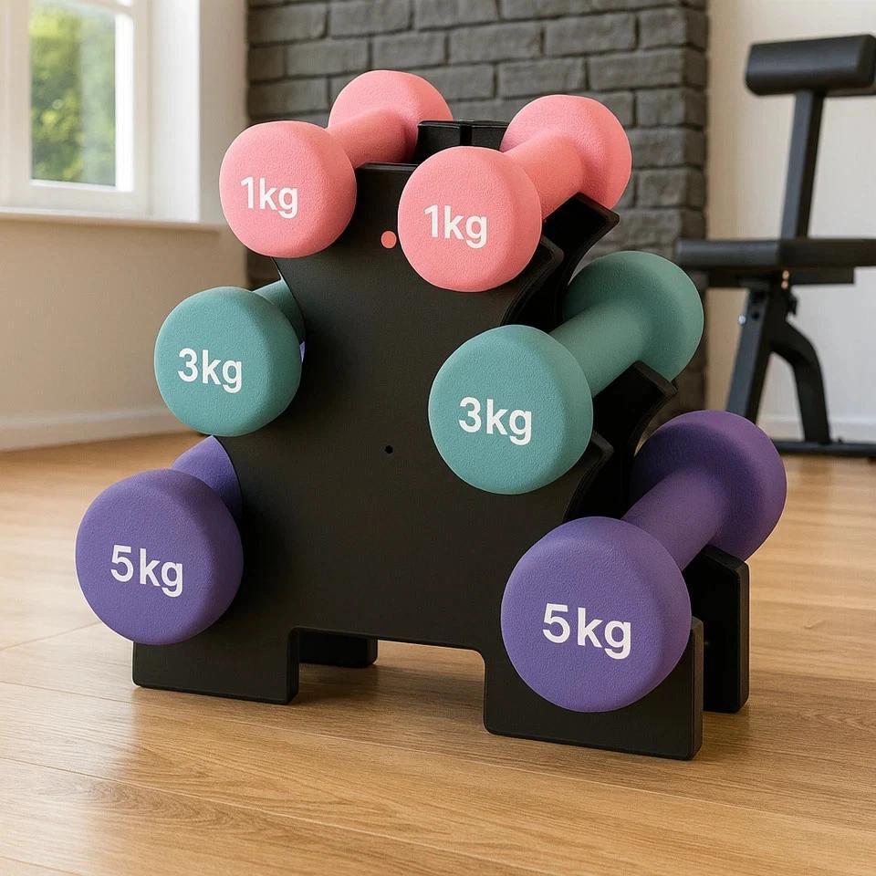 9kg Neoprene Hex Dumbbell Set with Carry Stand, 3 Pairs