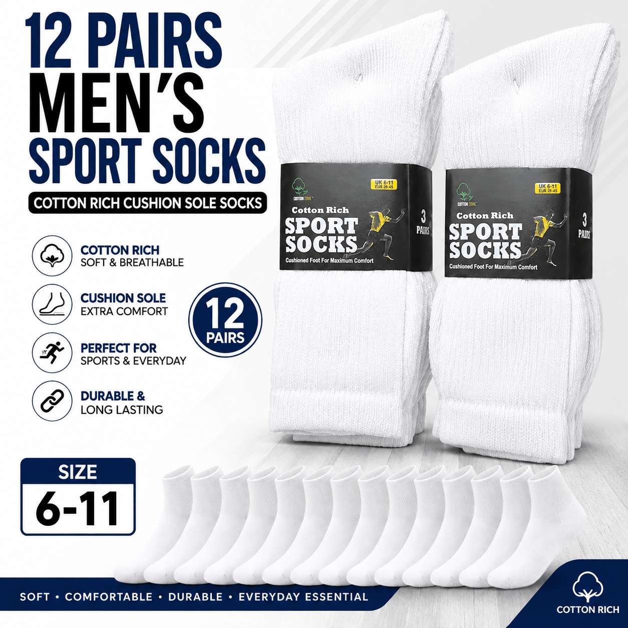 TEMU 12 Pairs Mens Cushion Sole Mid Calf Crew Socks For Work Gym Casual Daily Wear - Black - Size 6-11