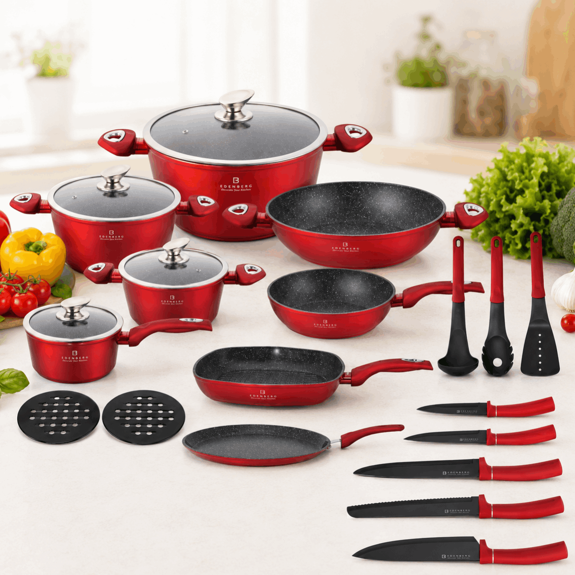 Image of Edenberg 23pcs Cookware Set, Red Pots, Pot With Lid, Pans, Kitchen Utensils, Set, For Induction Cooktops, With Lid, For All Stove Types Eb5601