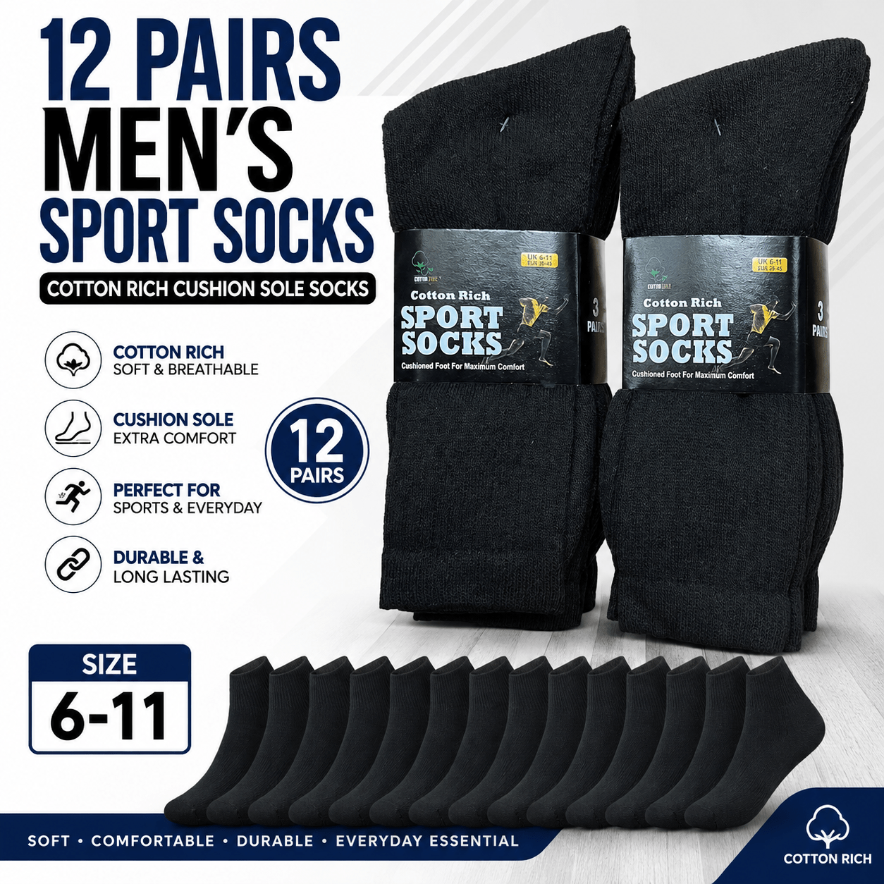TEMU 12 Pairs Mens Cushion Sole Mid Calf Crew Socks For Work Gym Casual Daily Wear - Black - Size 6-11